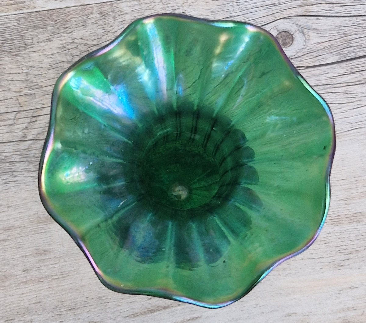 Antique Loetz Art Nouveau Creta Glatt Iridescent Green Glass Fluted Vase Polished Pontil c1900