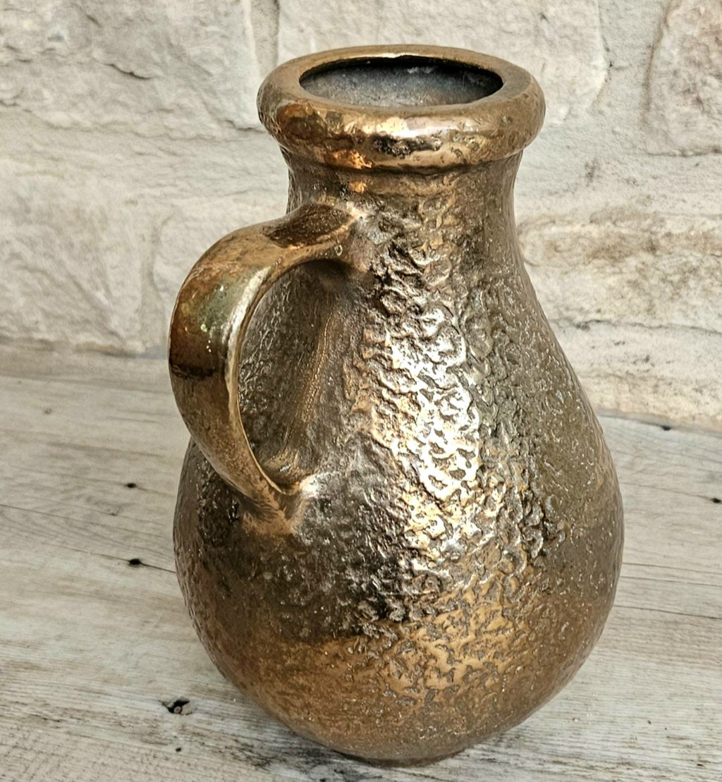 Vintage Large Gilded Bronze Vase with Handle Very Heavy 23cm Tall .Mid Century Bronze Ornate Vase Original Sticker Weighs nearly 3kg