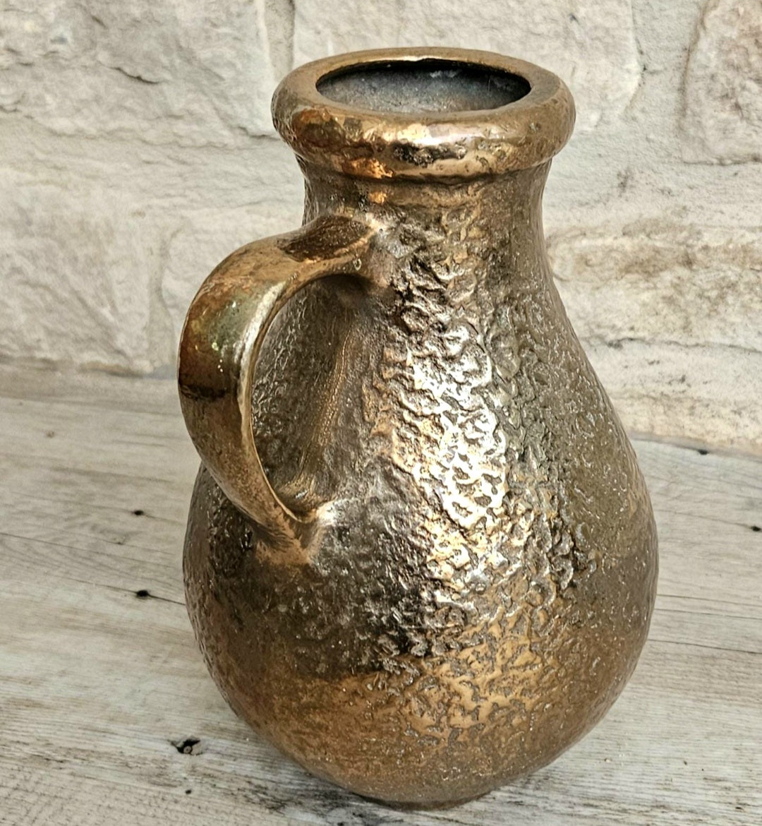 Vintage Large Gilded Bronze Vase with Handle Very Heavy 23cm Tall .Mid Century Bronze Ornate Vase Original Sticker Weighs nearly 3kg