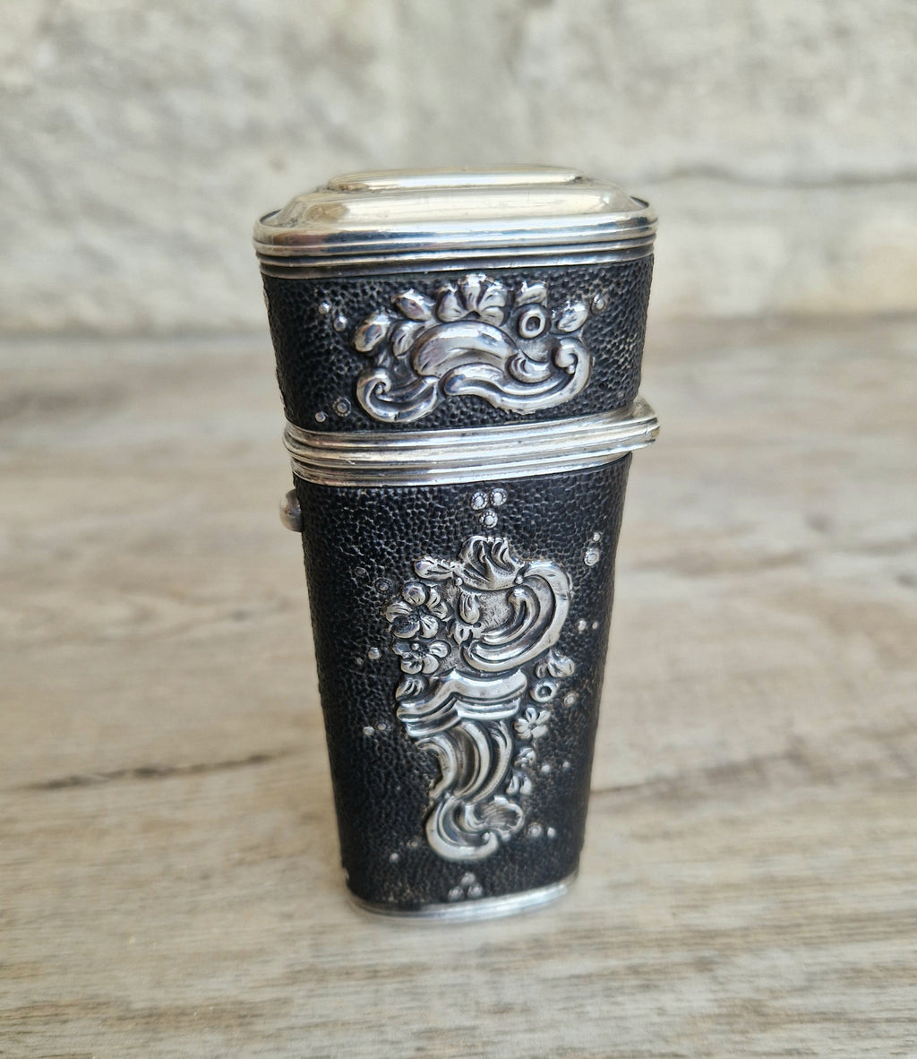 18th Century Etui French Black Shagreen & Silver Necessaire Case Rare Early Example