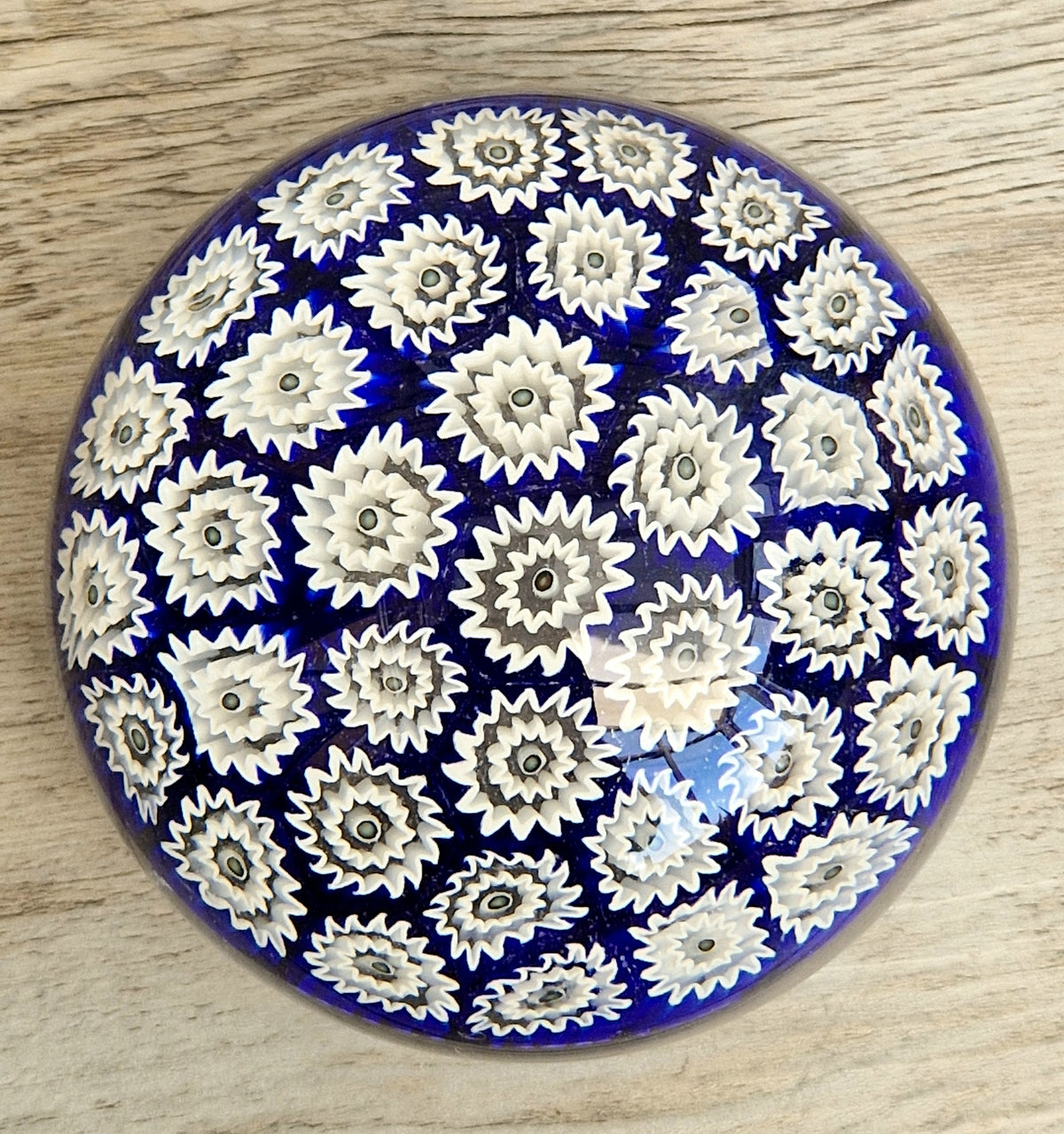 ALT Studio Murano Glass Deep Blue & White Star Flower Millifiore Paperweight