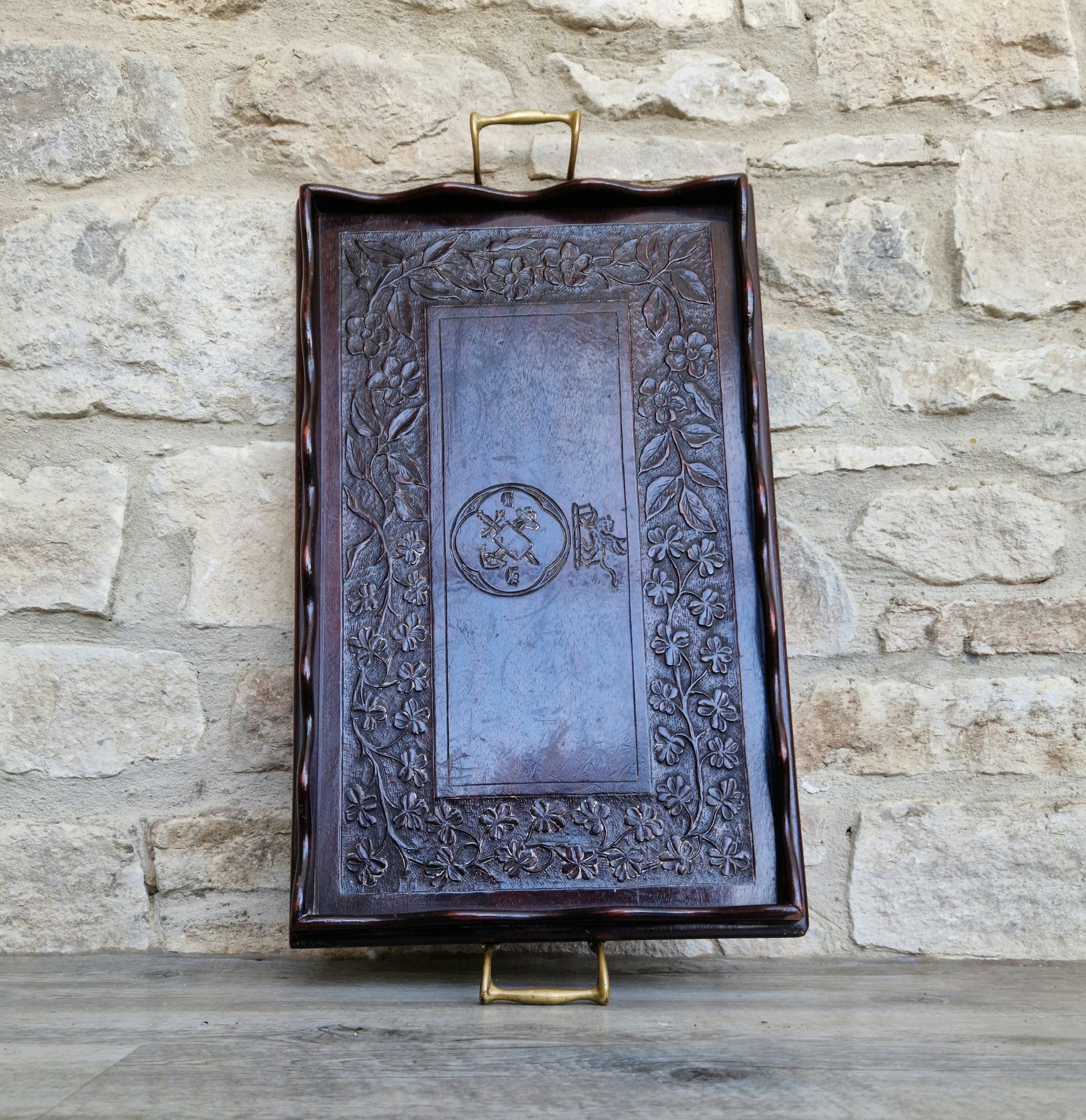 Antique 19th C. Carved Corps Of Commissionaires Presentation Brass Handled Serving Tray