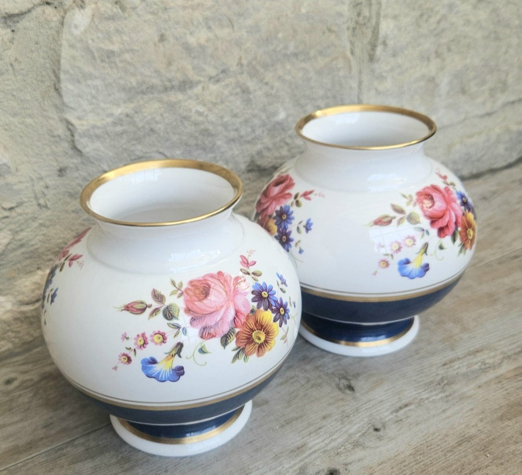 English Pair Mantle Vases Hand Painted Bone China Floral Caverswall Stoke on Trent England 11cm
