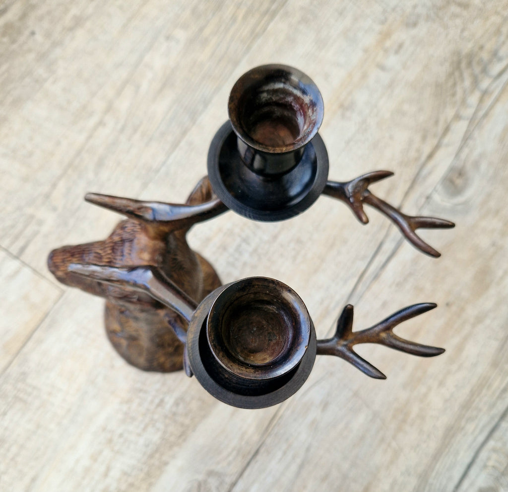 Vintage Heavy Patinated Bronze Stag Head Bust Double Candle Holder Table Decor