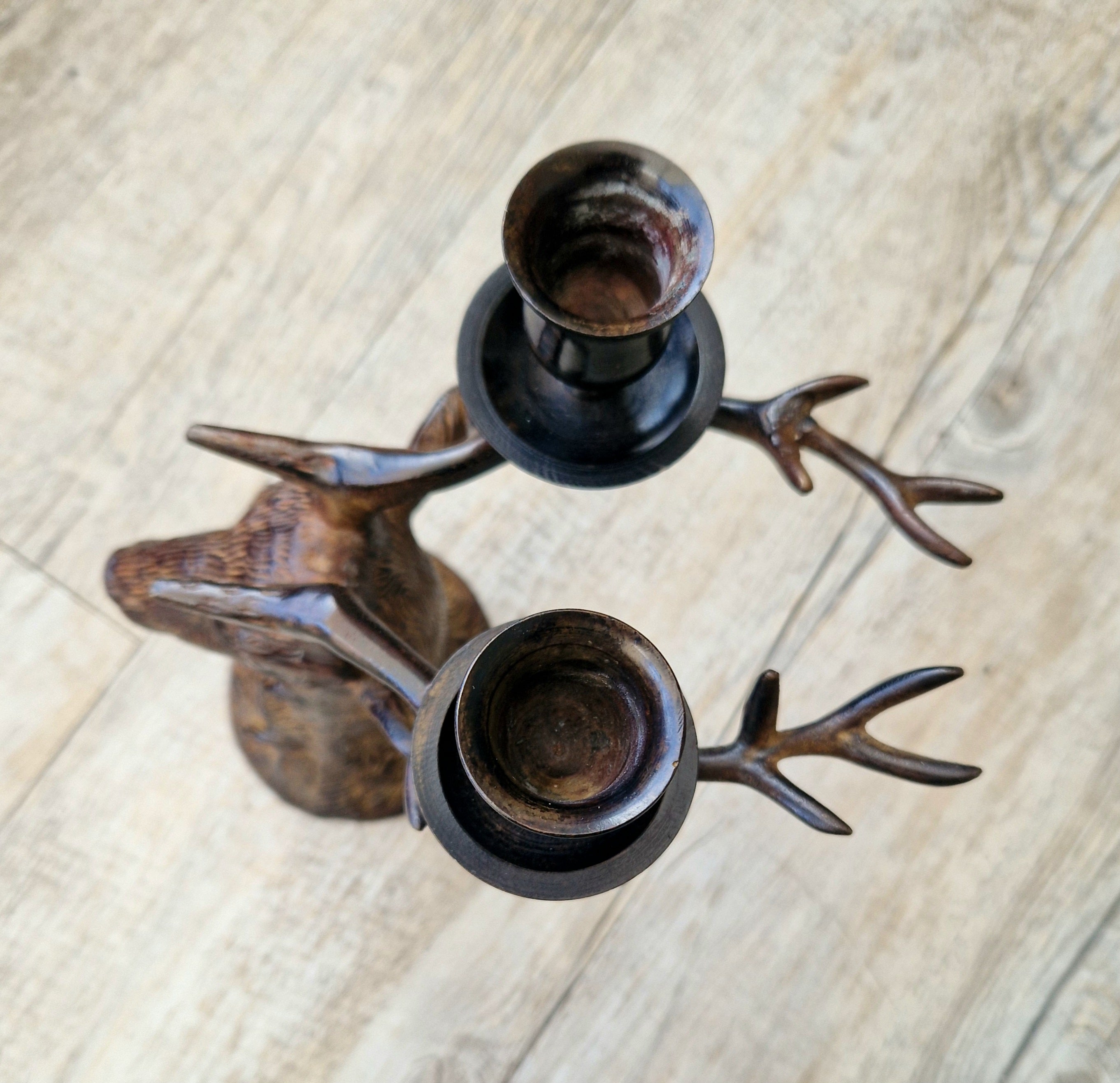 Vintage Heavy Patinated Bronze Stag Head Bust Double Candle Holder Table Decor