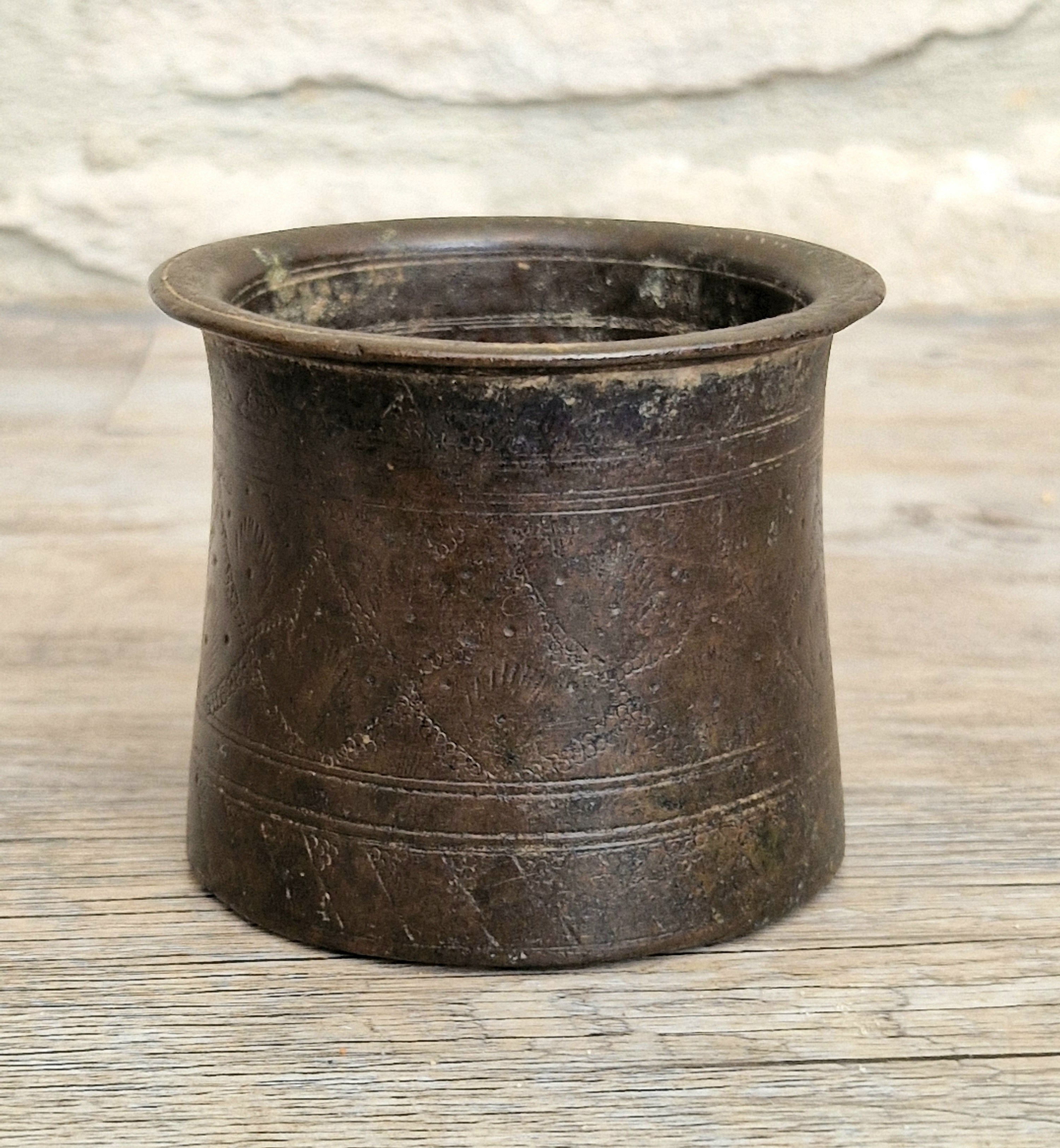 Antique 19thC Indian Bronze Panchpatra Holy Water Cup Heavy Cast Ritual Puja Pot 383g