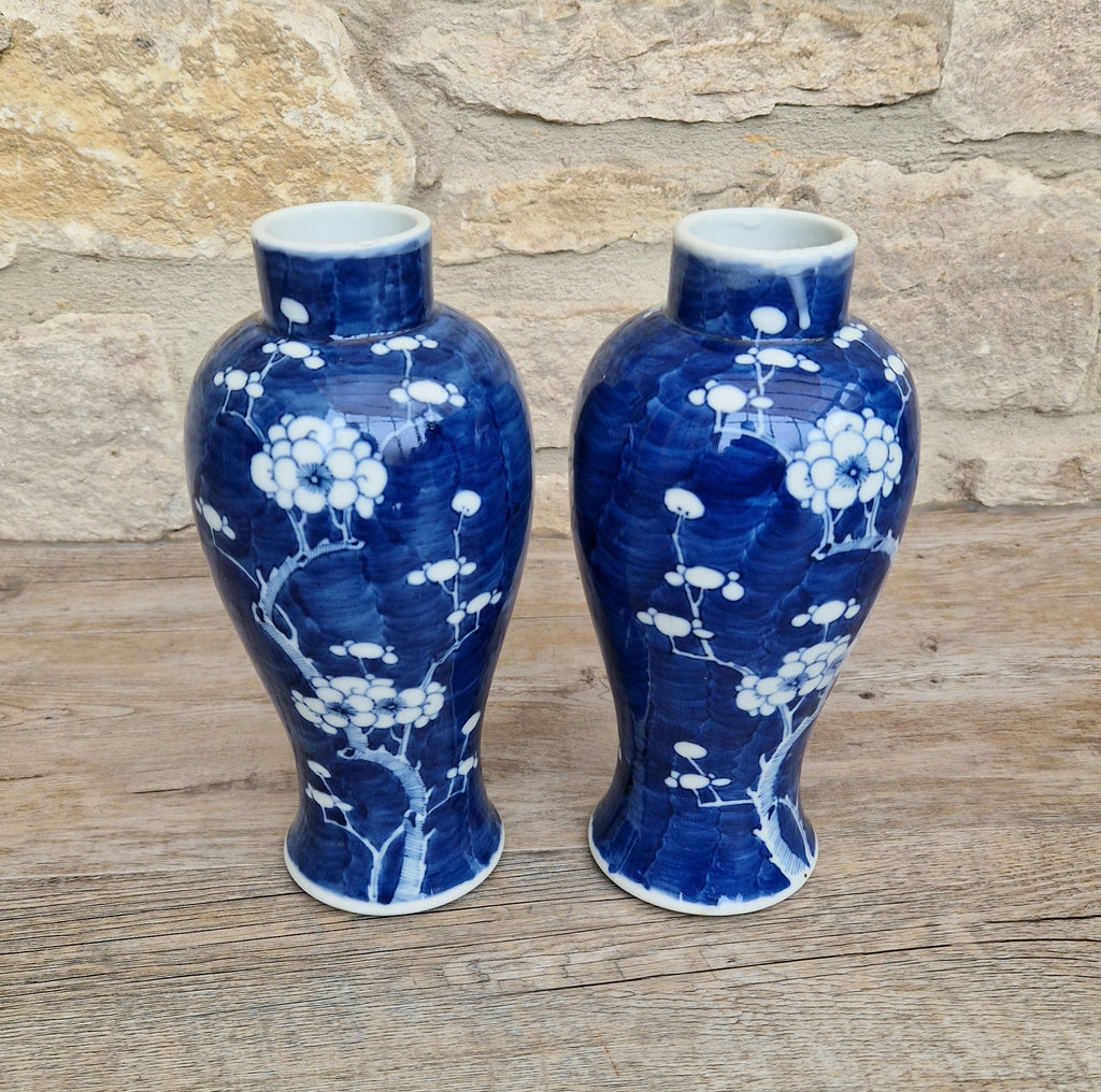 Pair Kangxi Style Blue & White Prunus Baluster Garniture Vases