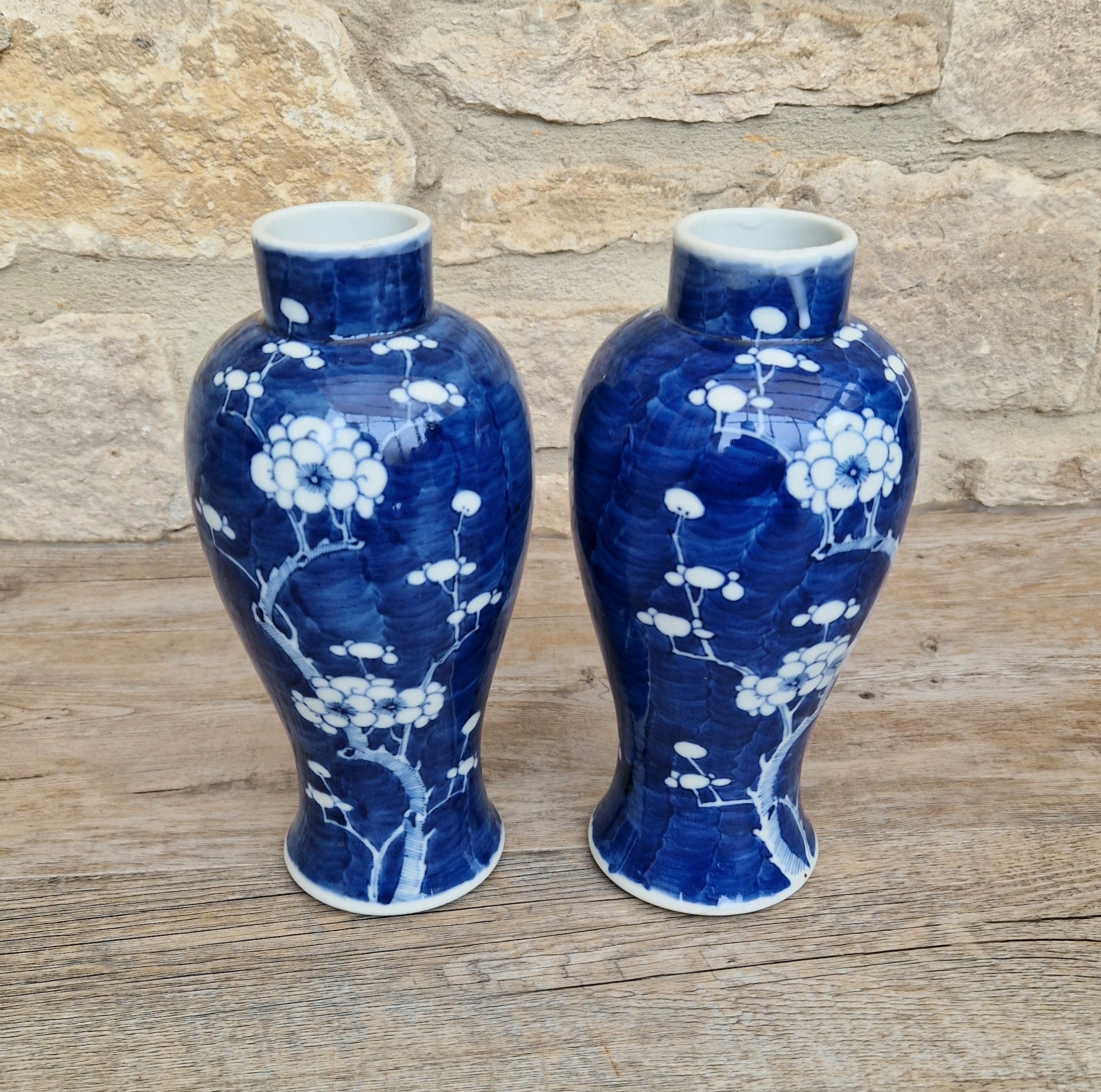 Pair Kangxi Style Blue & White Prunus Baluster Garniture Vases