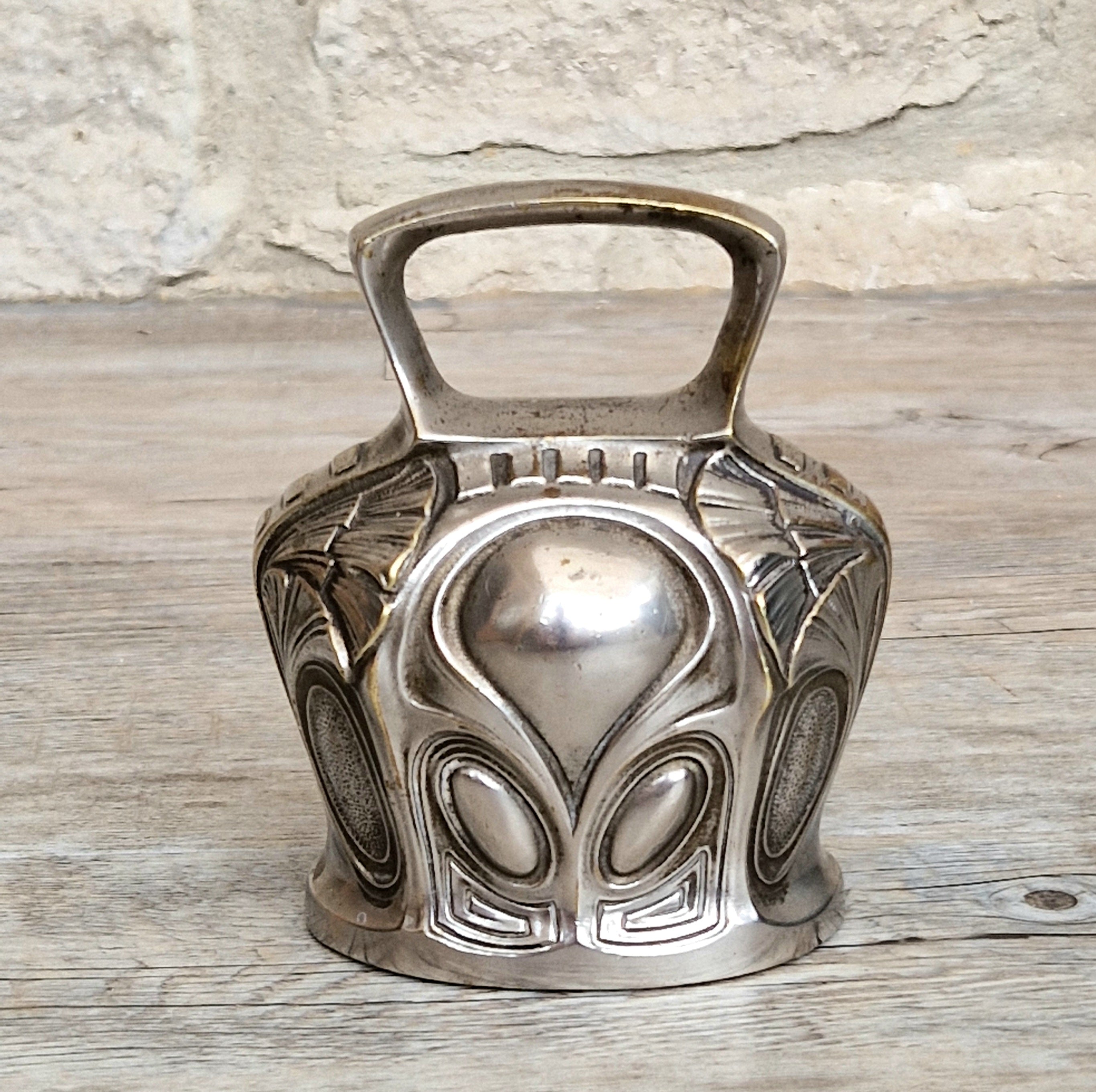 Antique Art Nouveau Silvered Bronze Large Ornate Decorated Table Bell