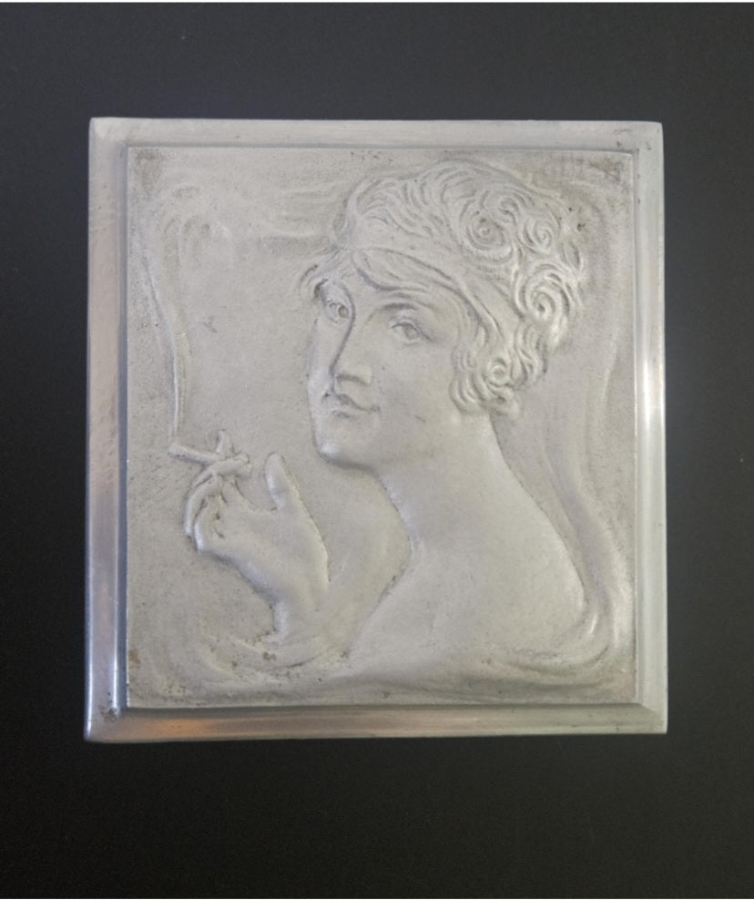 Art Nouveau Lady Aluminium Lidded Box Made in London England Stamped (1905-1924) 13.5cm Square X 6.5cm Tall Arts and Crafts Box
