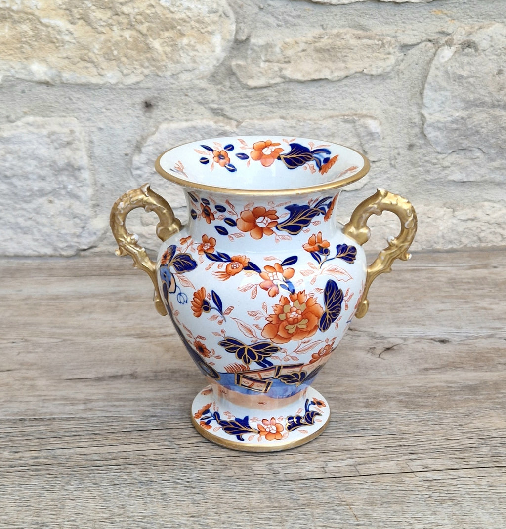 Early Mason's Ironstone China Vase Japan Fence Pattern, Gilt Handles 1820