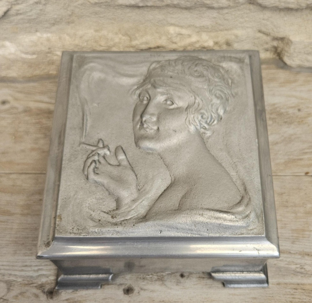 Art Nouveau Lady Aluminium Lidded Box Made in London England Stamped (1905-1924) 13.5cm Square X 6.5cm Tall Arts and Crafts Box