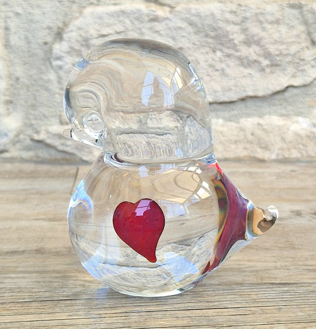 Art Glass Stylised Duckling Shaped Clear Glass With Embedded Red Heart Paperweight Ornament
