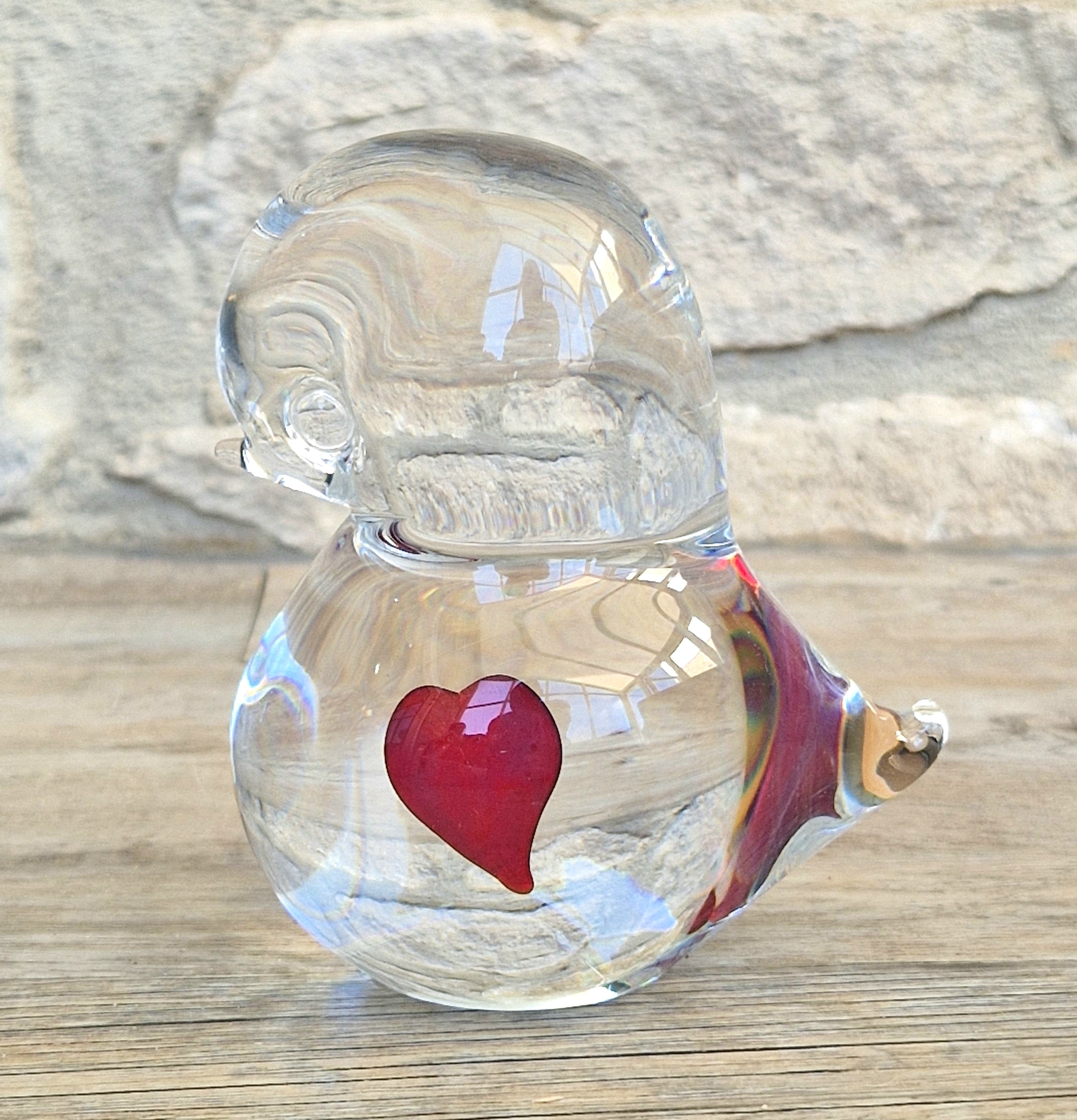 Art Glass Stylised Duckling Shaped Clear Glass With Embedded Red Heart Paperweight Ornament