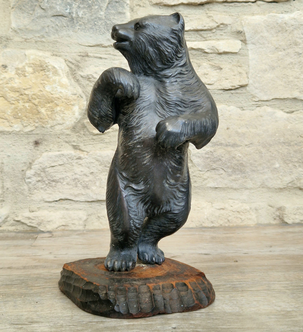 Cast Spelter Standing Bear Sculpture On Rustic Wood Base Rare Antique Art Deco