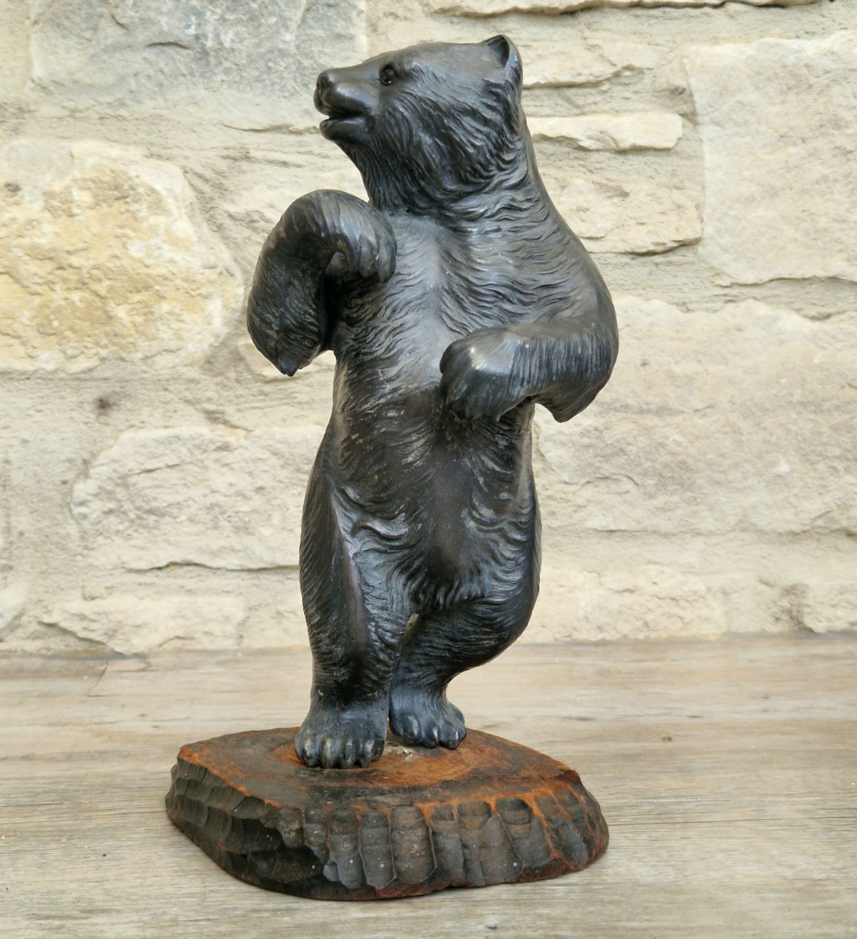 Cast Spelter Standing Bear Sculpture On Rustic Wood Base Rare Antique Art Deco