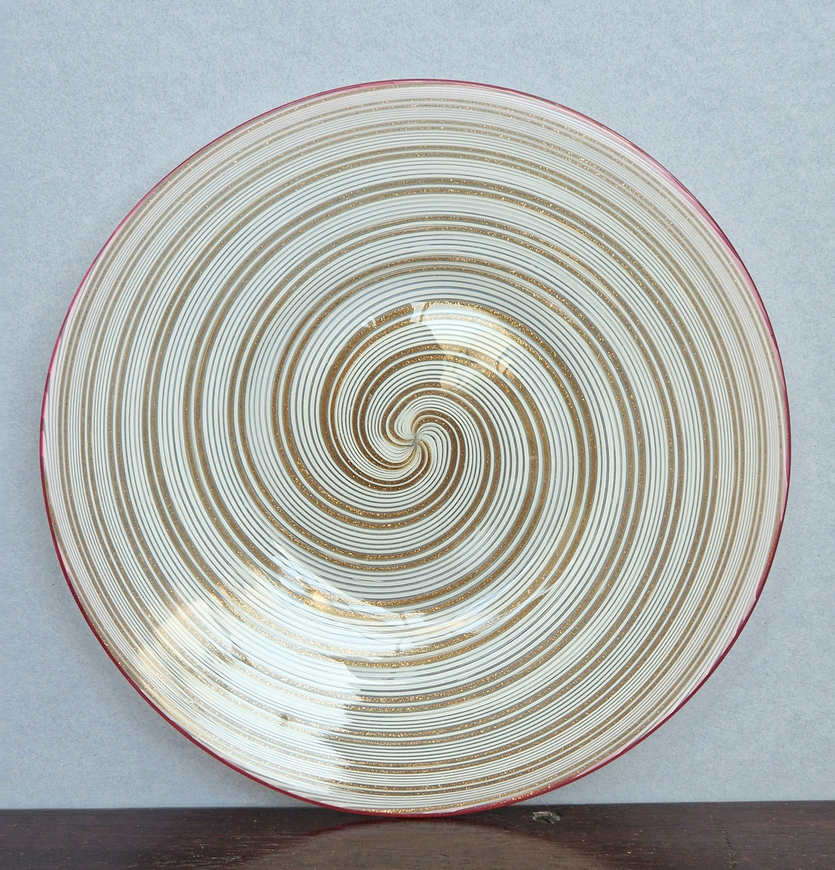 Antique Salviati Murano Glass Plate, Mezza Filigrana, Copper Aventurine, Red Rim, Venetian, c.1860–1872, 17.8cm, Rare Collectable