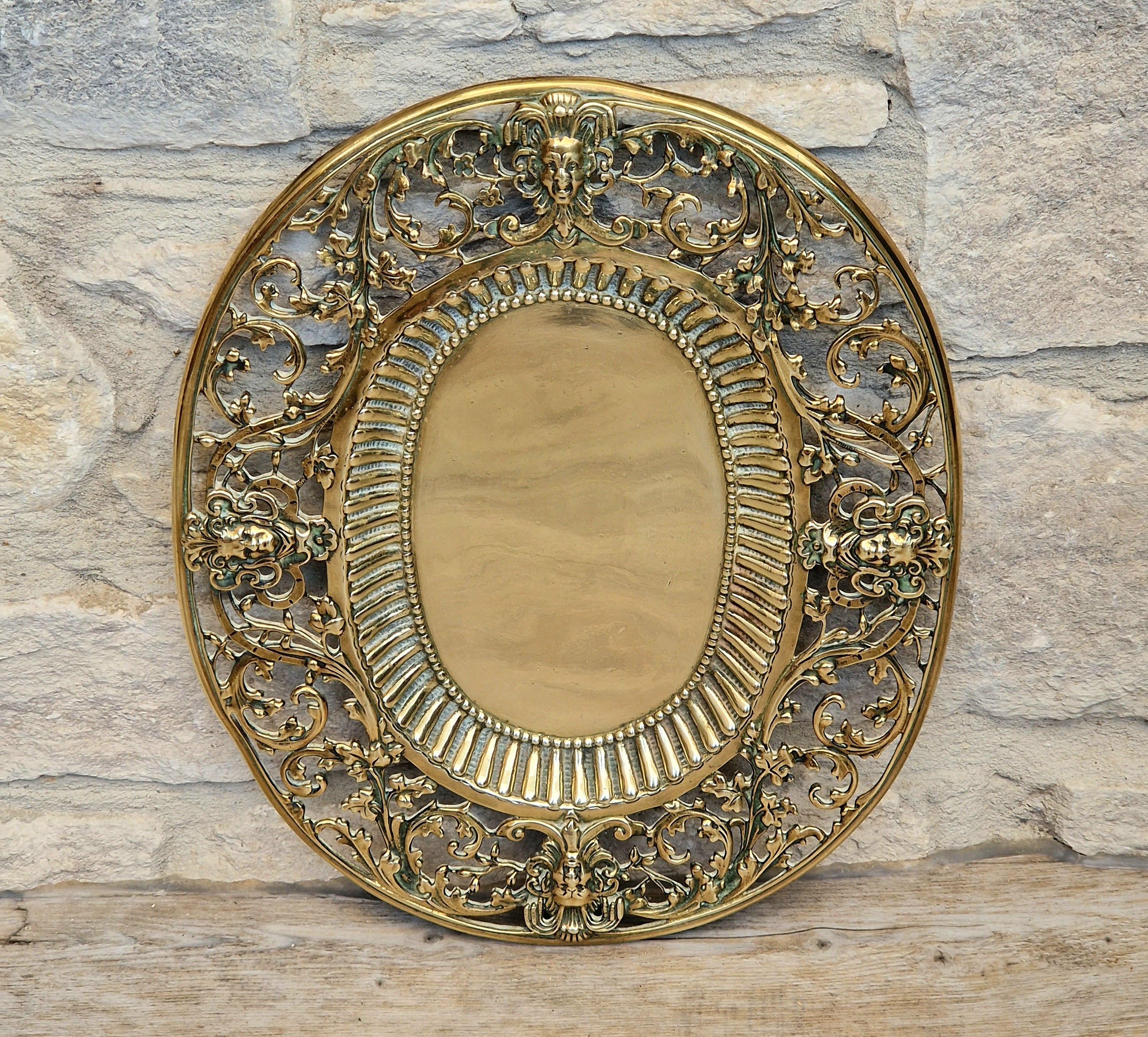 Antique 19thC Baroque Cast Brass Architectural Mount Appliqué Ornate Mascaron Filigree Vanity Card Tray Plate Hand-Tooled Pattern 1018