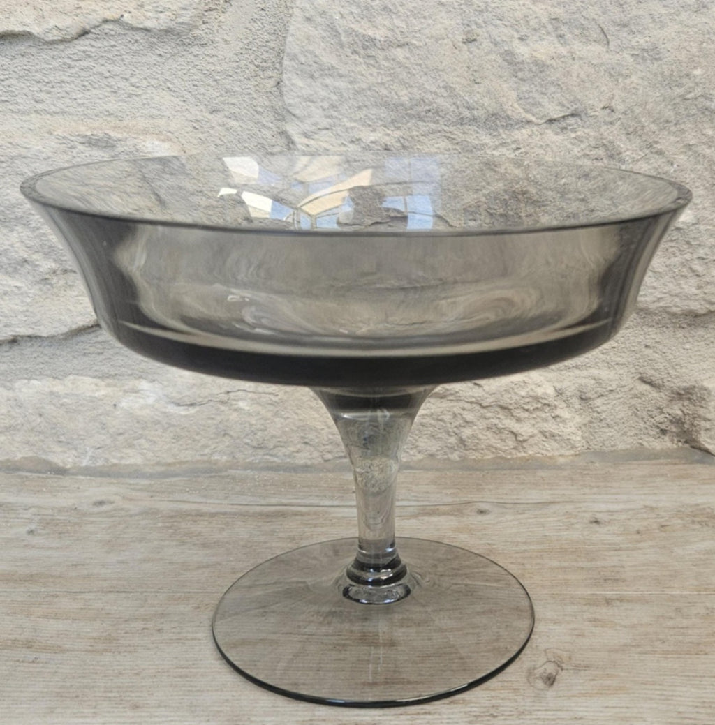 Midcentury Small Glass Compote Tazza By Wedgwood Smoky Glass Made in England Stamped