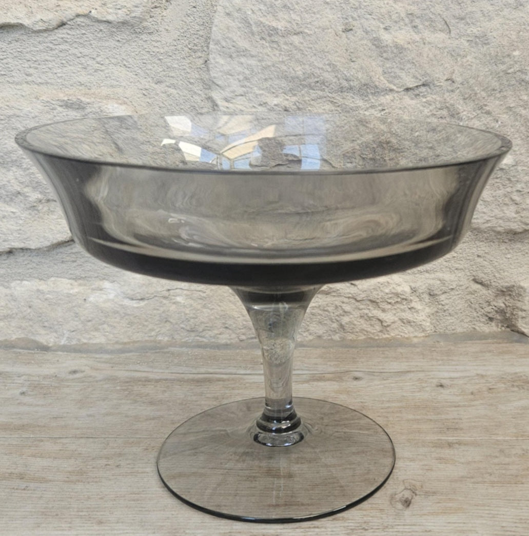 Midcentury Small Glass Compote Tazza By Wedgwood Smoky Glass Made in England Stamped