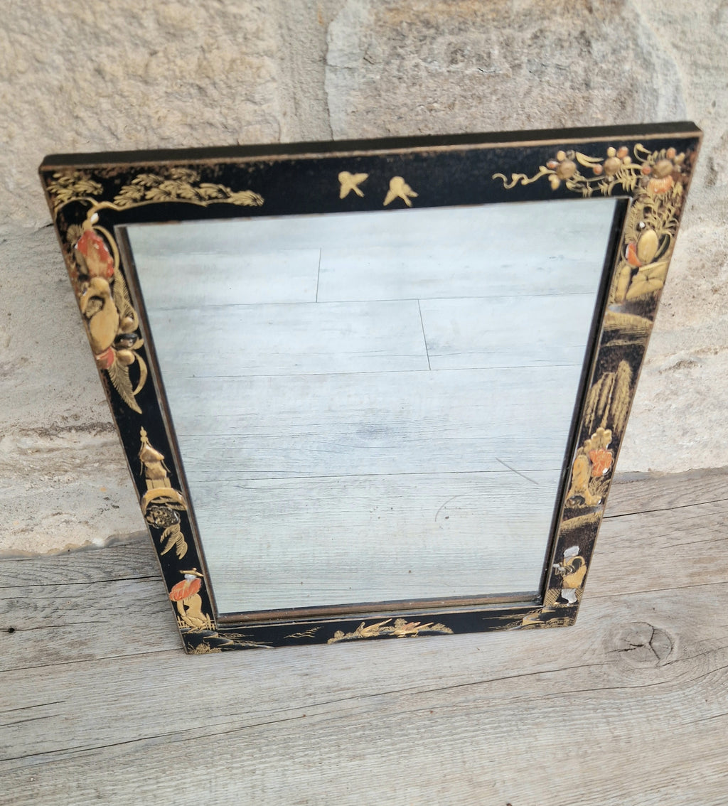 Antique Edwardian Chinoserie Black & Gilt Japanned Rectangular Wall Mirror
