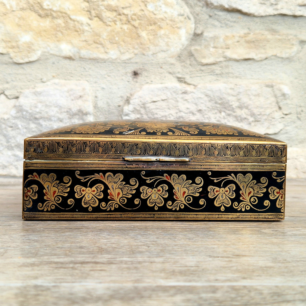 Vintage Brass Black Enamelled Large Ornate Teak-Lined Desk Cigar Box
