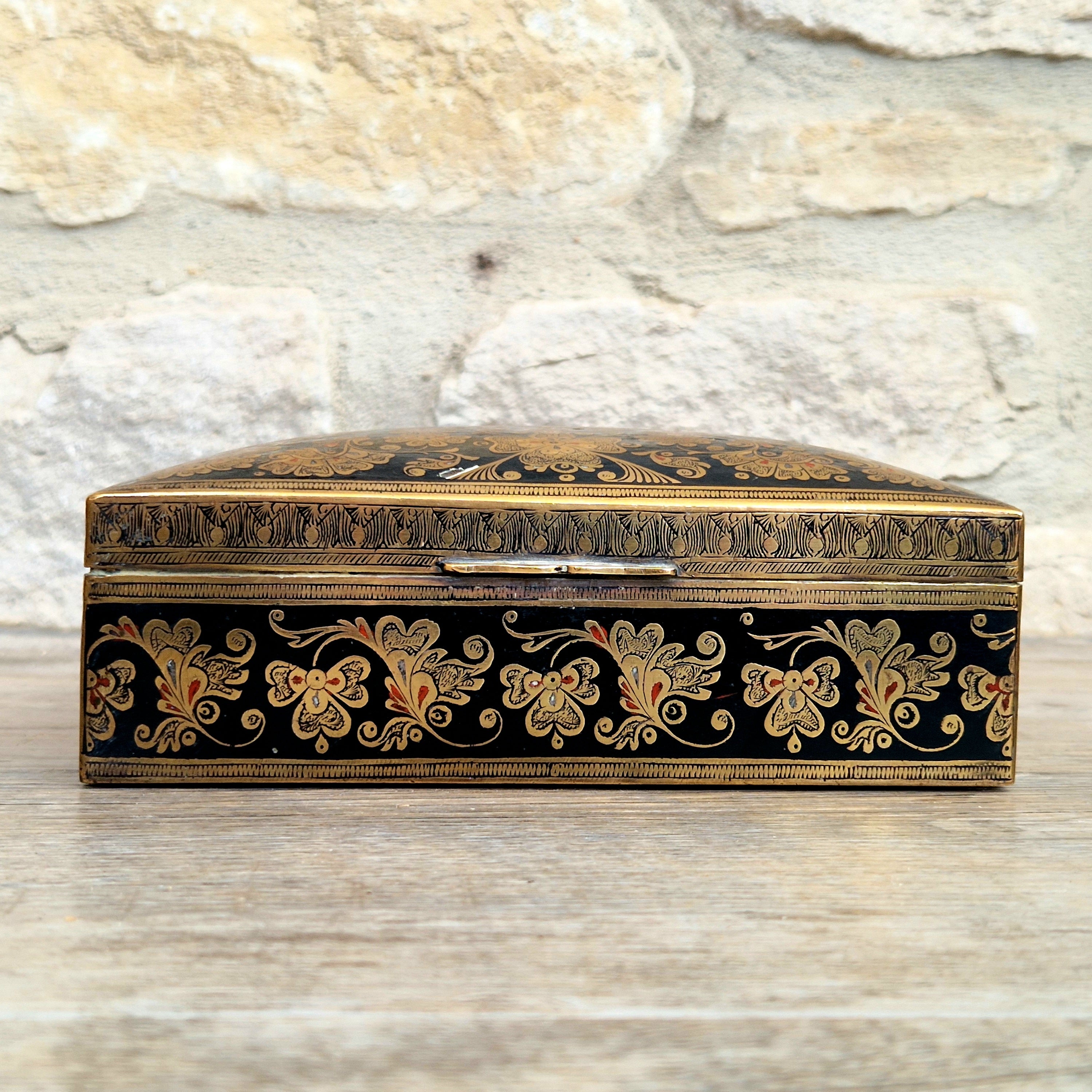 Vintage Brass Black Enamelled Large Ornate Teak-Lined Desk Cigar Box