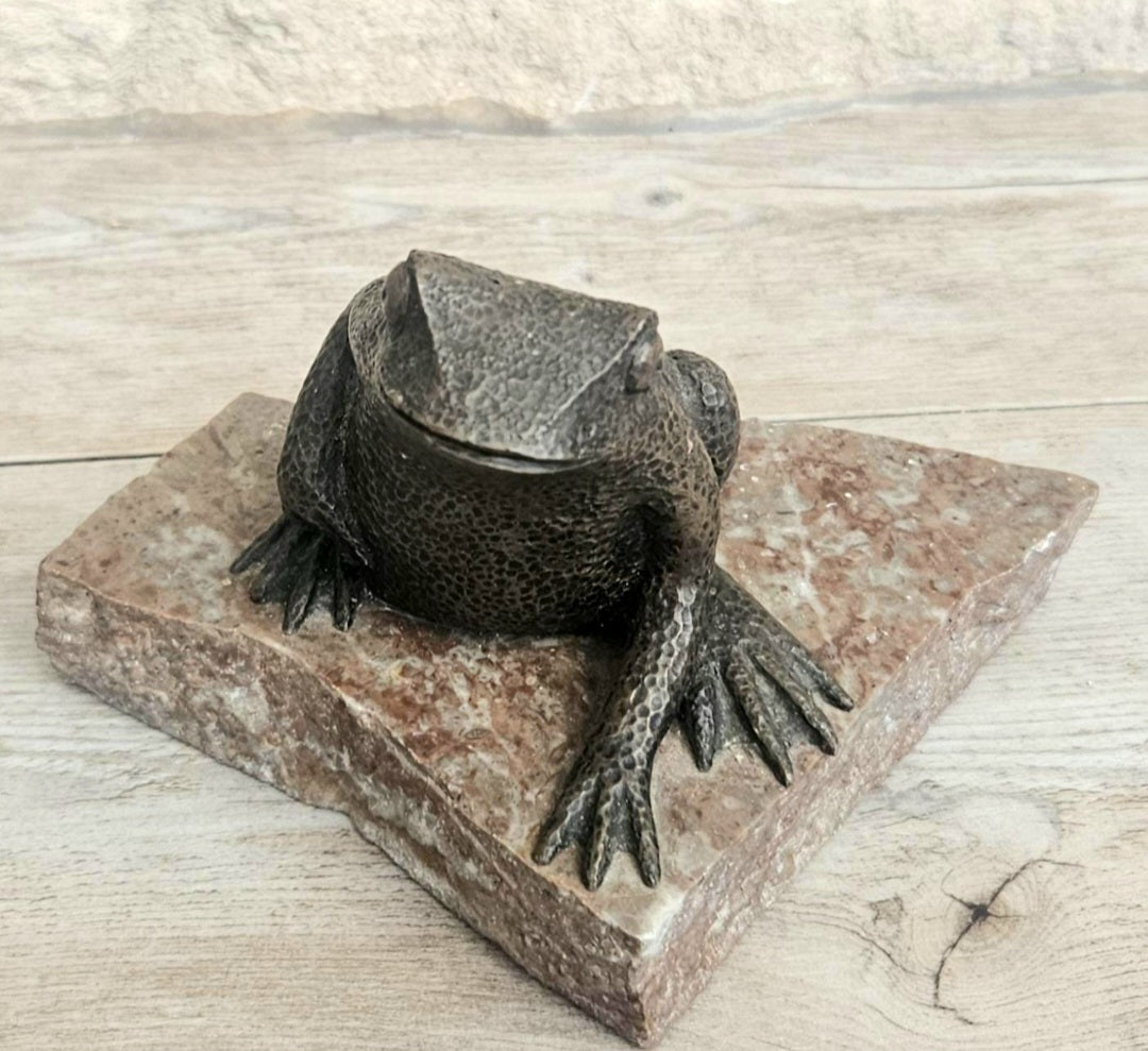 Vintage Metal Toad Figure On Granite Stone Plinth