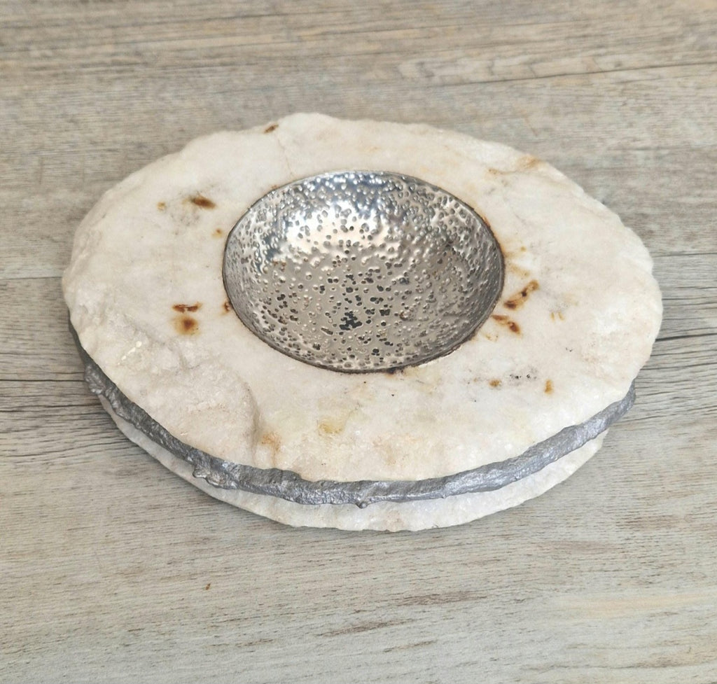 Alabaster & White Metal Vide Poche Catch-All Bowl Handmade Vintage