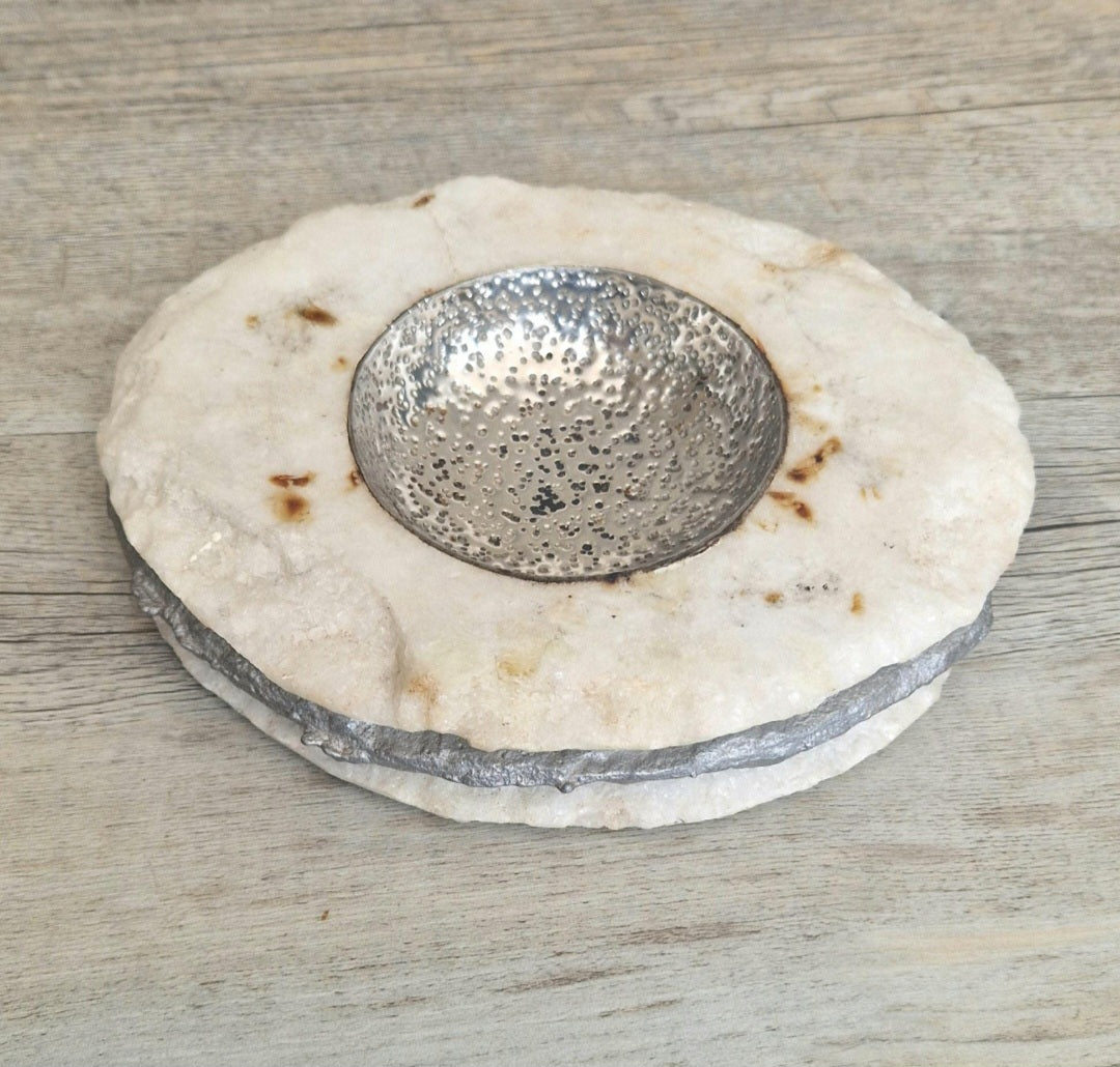 Alabaster & White Metal Vide Poche Catch-All Bowl Handmade Vintage