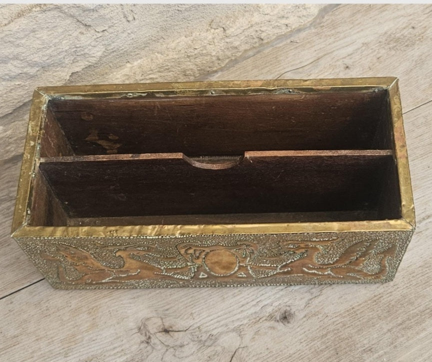 Arts and Crafts Letter Holder Brass and Wood Celtic Dragons England