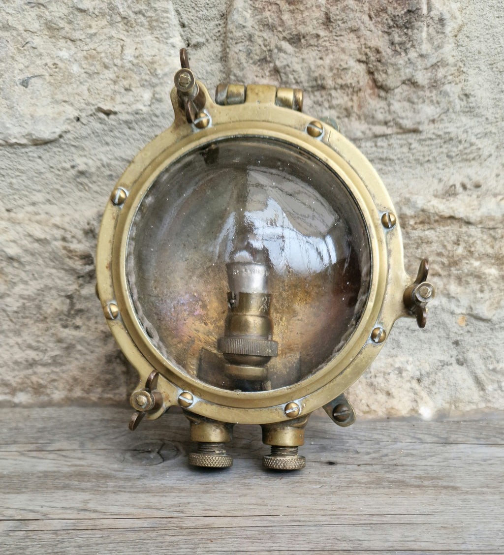 Rare Original Antique Solid Brass Submarine 'Turtle' Bulkhead Wall Light Fixture