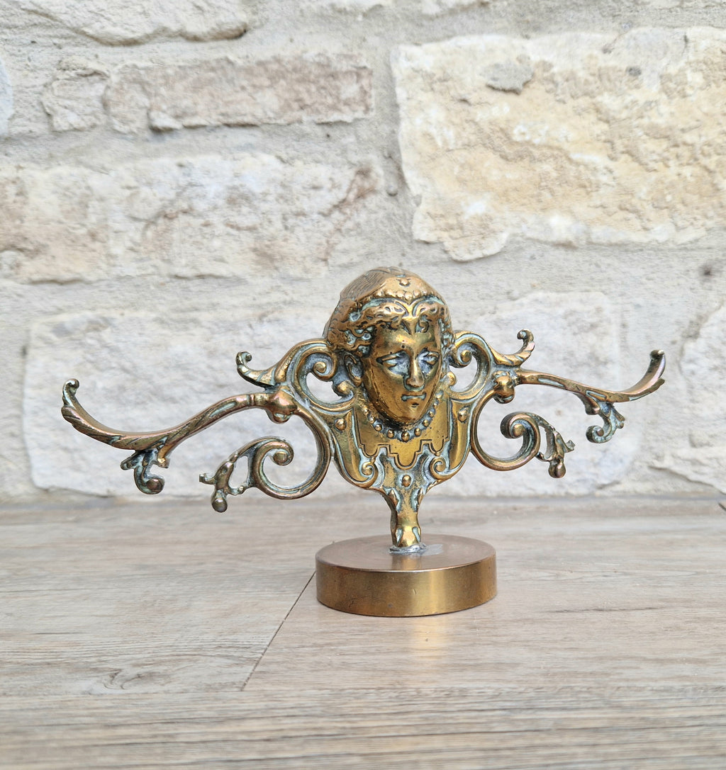 Brass Neo Classical Female Figural Pediment Mounted On Heavy Antique Paperweight