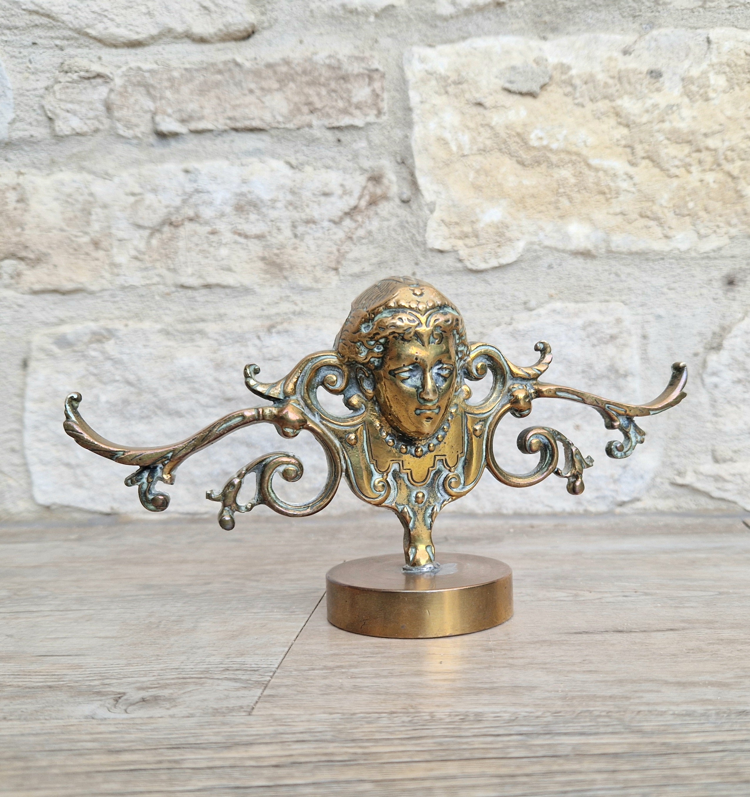 Brass Neo Classical Female Figural Pediment Mounted On Heavy Antique Paperweight