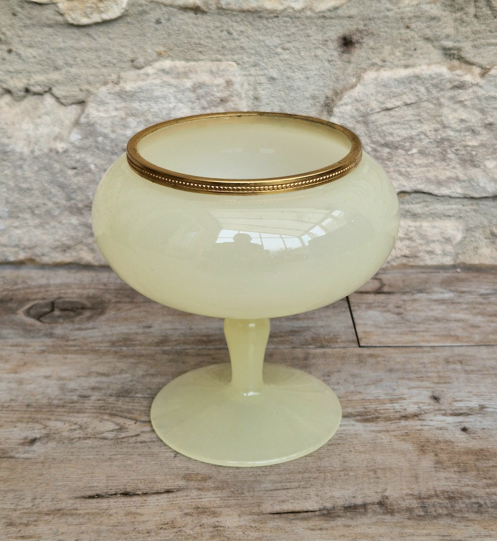 Vintage Italian Opaline Green Glass by Vincenzo Nason 1950s Hand Blown Gilt Rim Pedestal Candy Dish