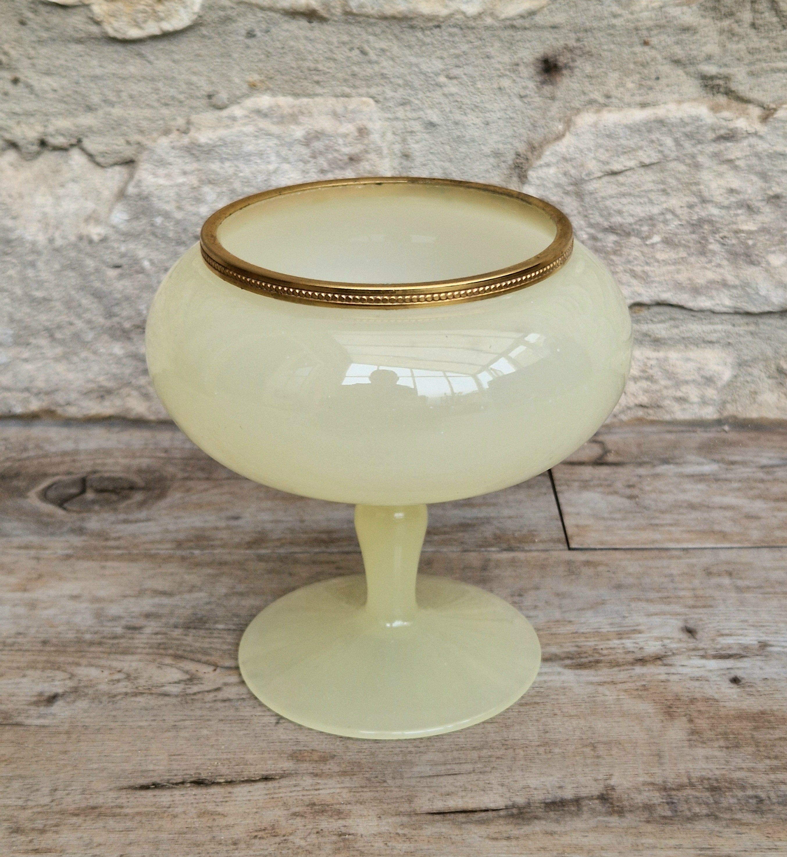 Vintage Italian Opaline Green Glass by Vincenzo Nason 1950s Hand Blown Gilt Rim Pedestal Candy Dish