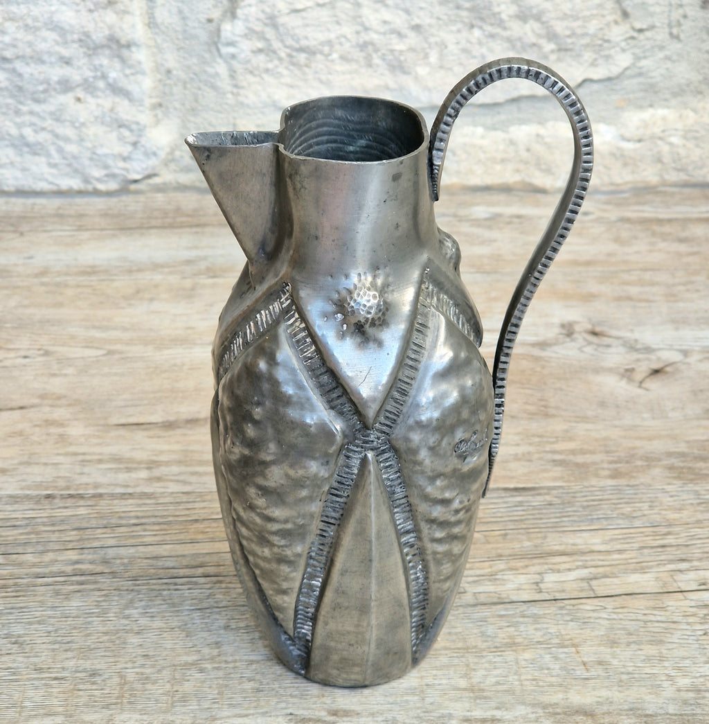 Antique French Art Deco Pewter Pitcher by Alice and Eugene Chanal Hand Hammered Jug Signed