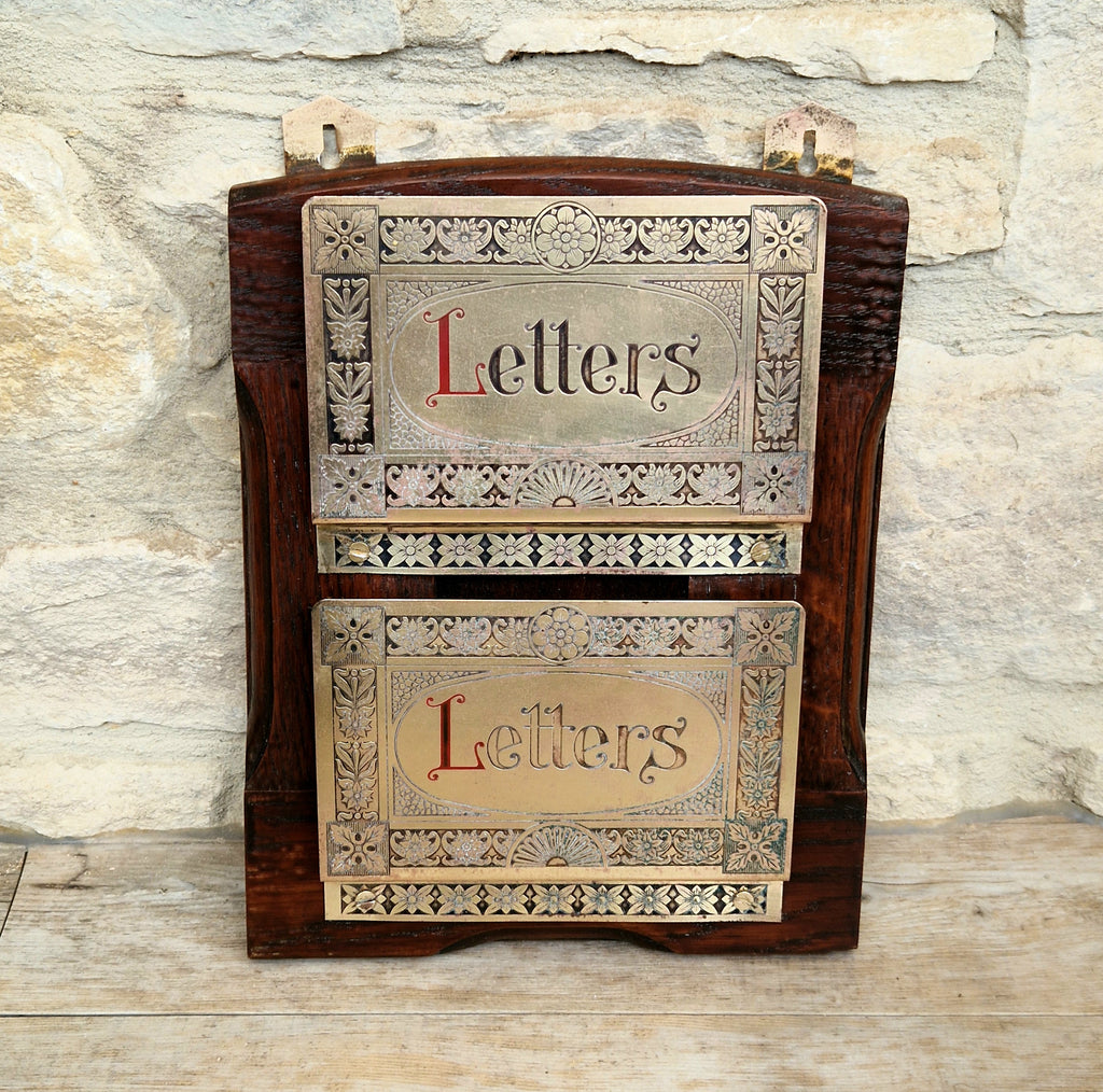 Antique Arts & Crafts Brass And Quarter Sawn Oak Gentleman's Wall Letter Rack