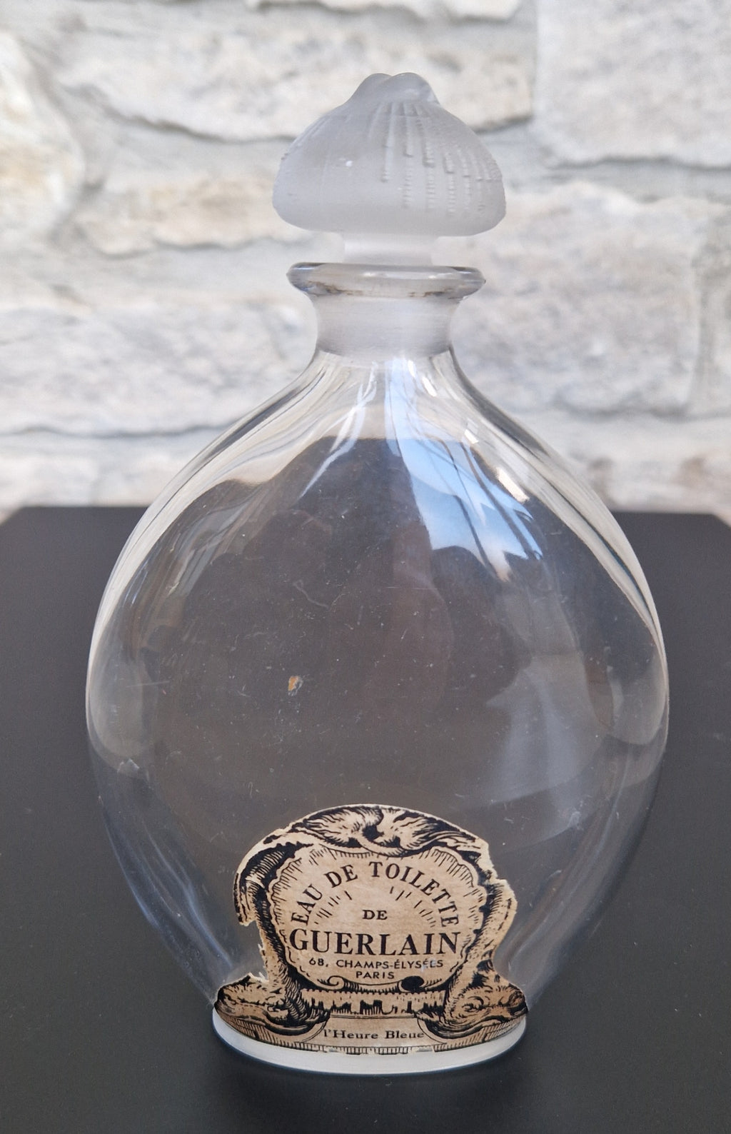 Guerlain Glass Perfume Bottle Dolphin Paper Label Frosted Stopper L'Heure Bleue 'Flacon Goutte' Empty 16.5cm