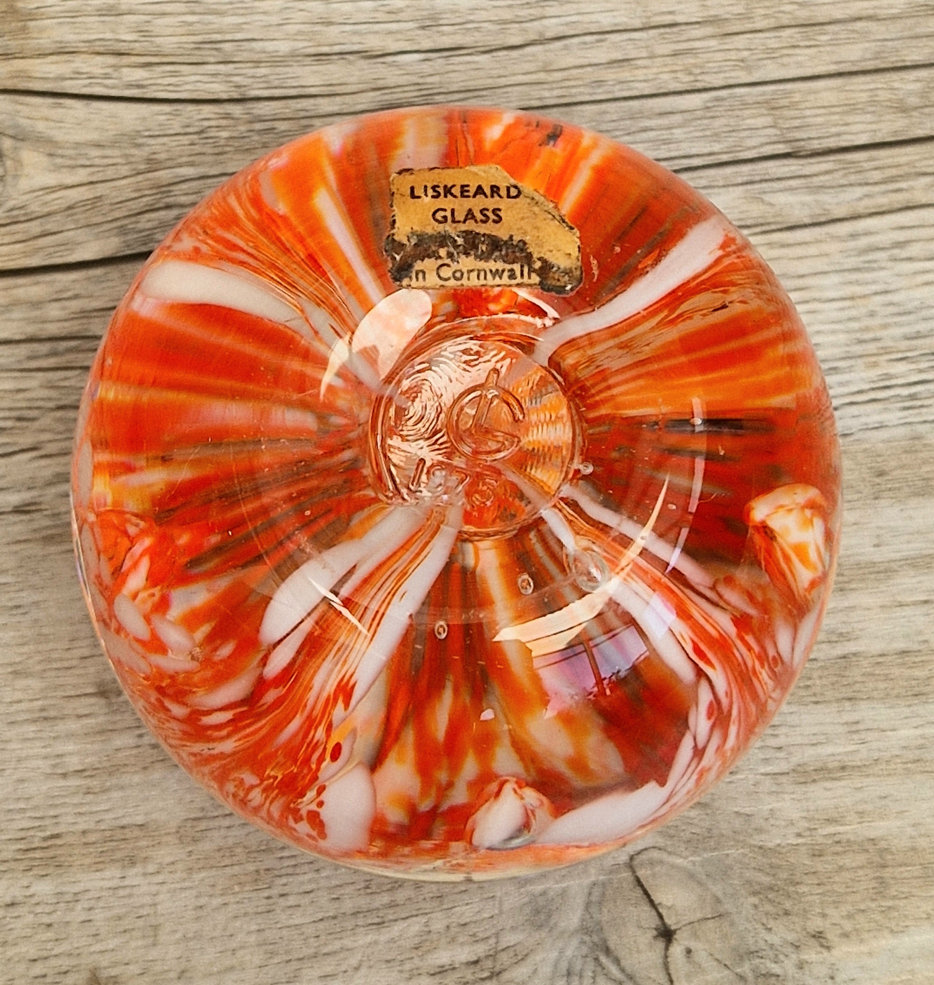 Vintage Rare Liskeard Glass Cornwall Orange & White Bubble Sphere Paperweight 1975