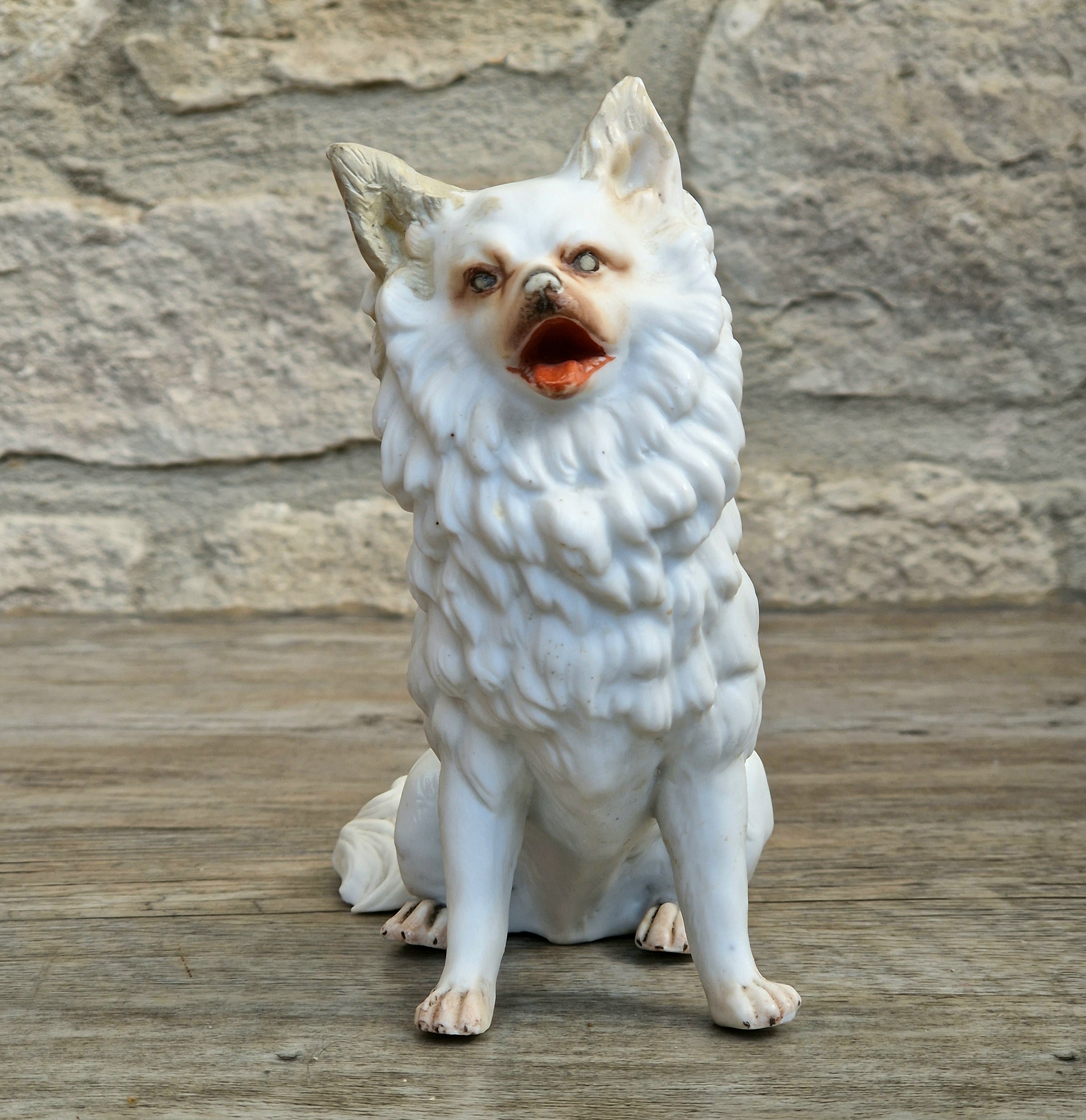 Antique Heubach Bisque Sitting Panting Spitz Dog: German Figure, Circa 1864-1880