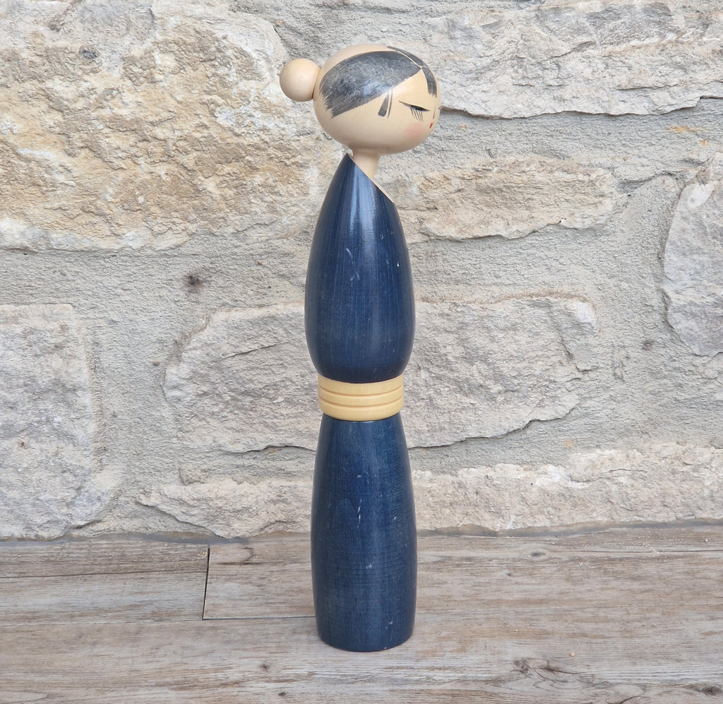 Vintage Japanese Sosaku Kokeshi Doll by Sato Suigai Signed Semishigure Blue Wooden Folk Art 25cm