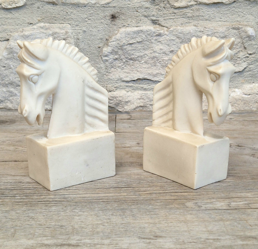 Vintage Continental White Stallion Horse Head Resin Book Ends Ornaments