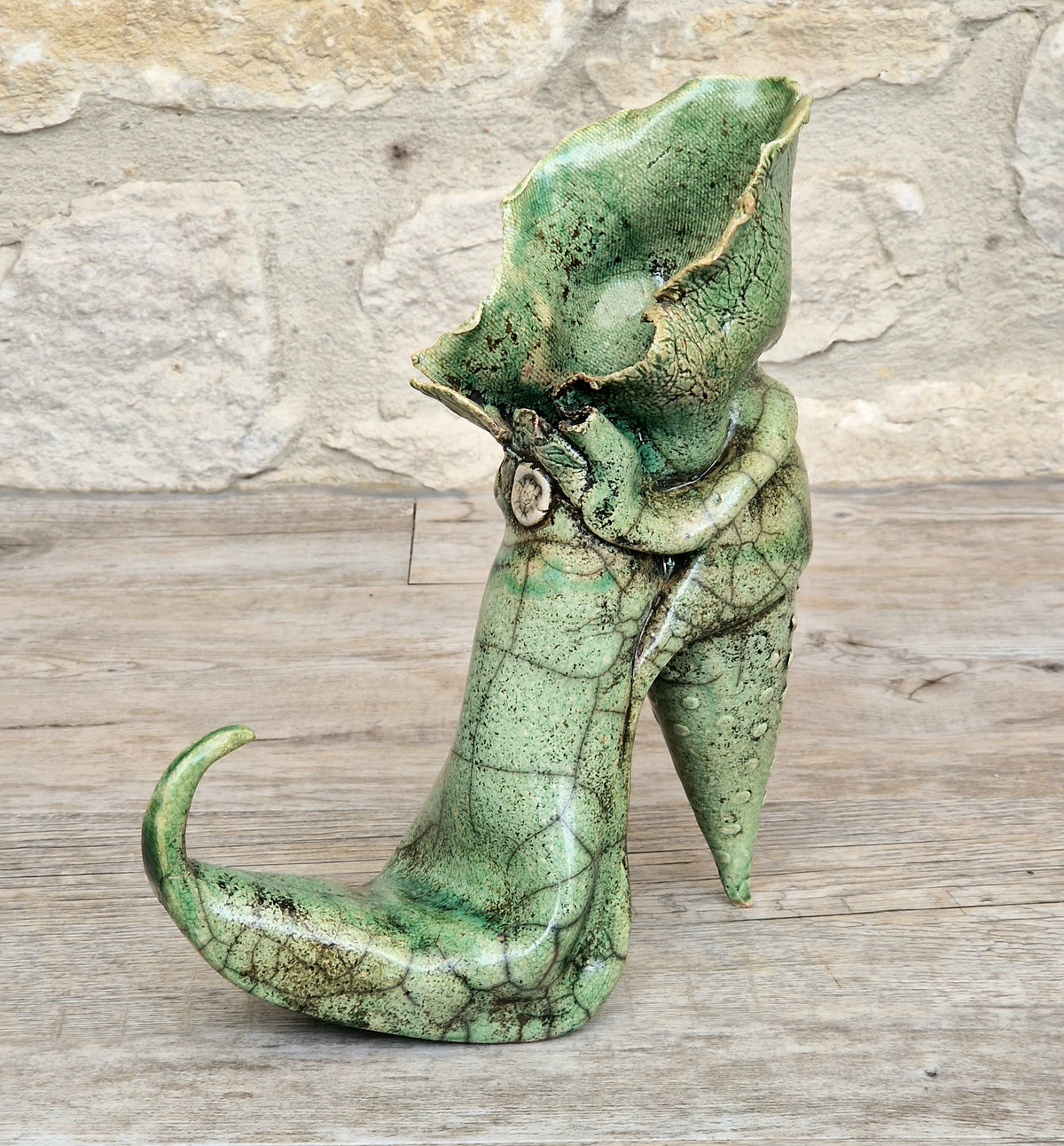 Vintage Ceramic Witches Boot Art Ornament, Green Crackle Glaze, Whimsical Handmade Style, Gothic Decorative Sculpture