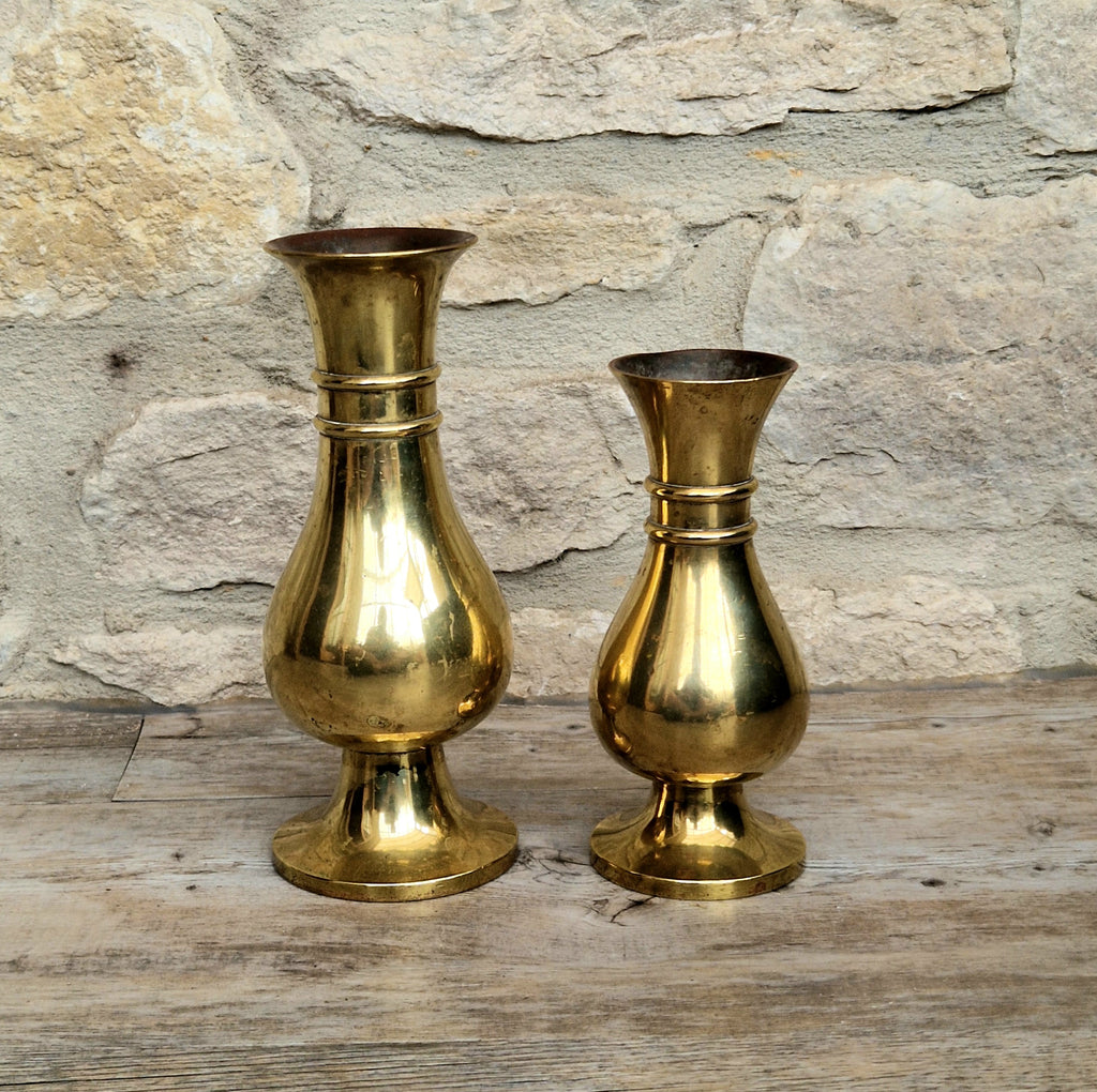 Antique Brass Altar Vases Flared Rim Heavy Pedestal Ecclesiastical Decor Early 20th C.