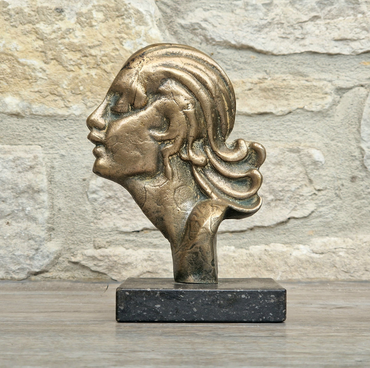 Art Deco Cast Bronze Girl's Head Profile Black Marble Mounted Desk Sculpture