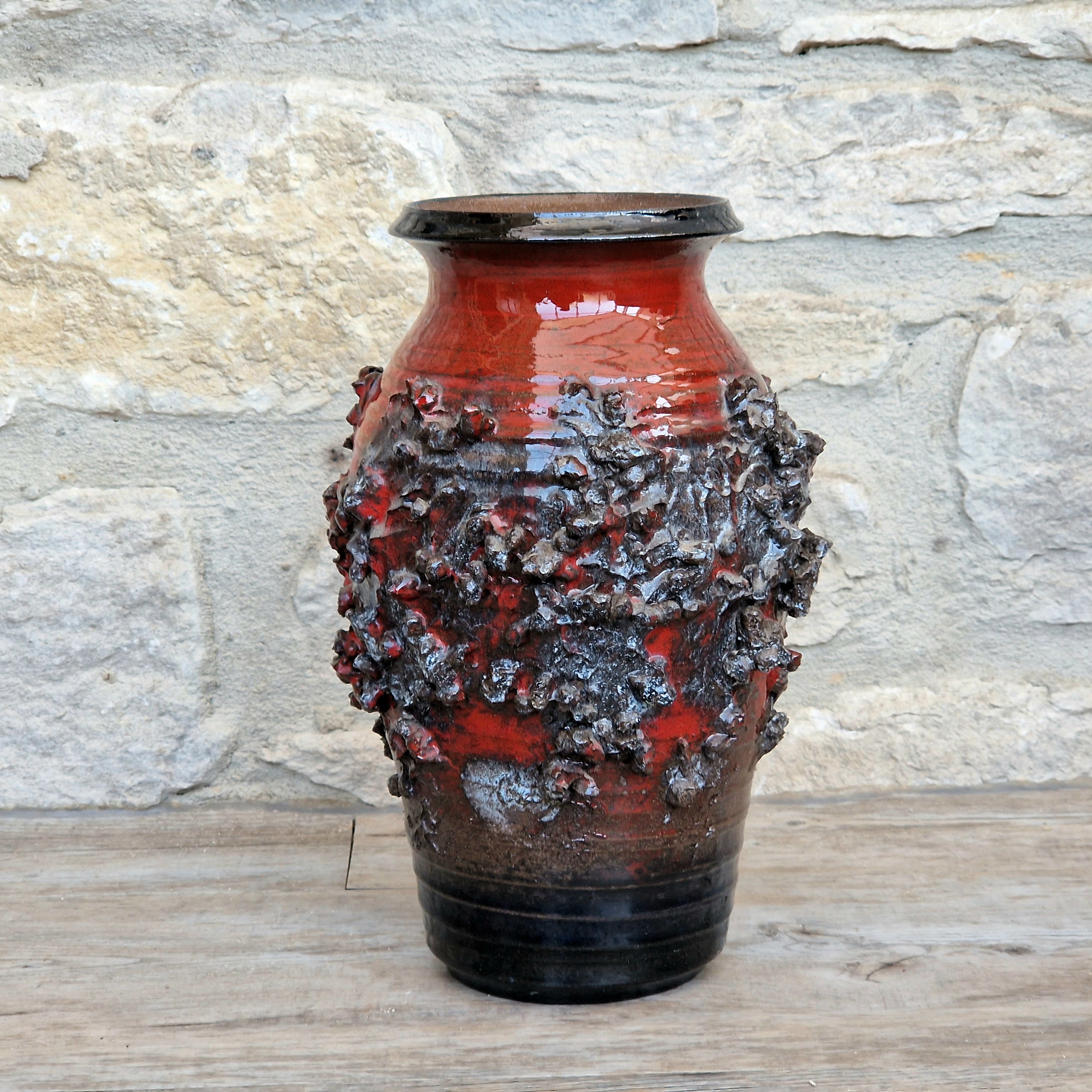 Mid-Century Glit Iceland Lava Pottery Vase Red 23.5cm Volcanic Studio Ceramic