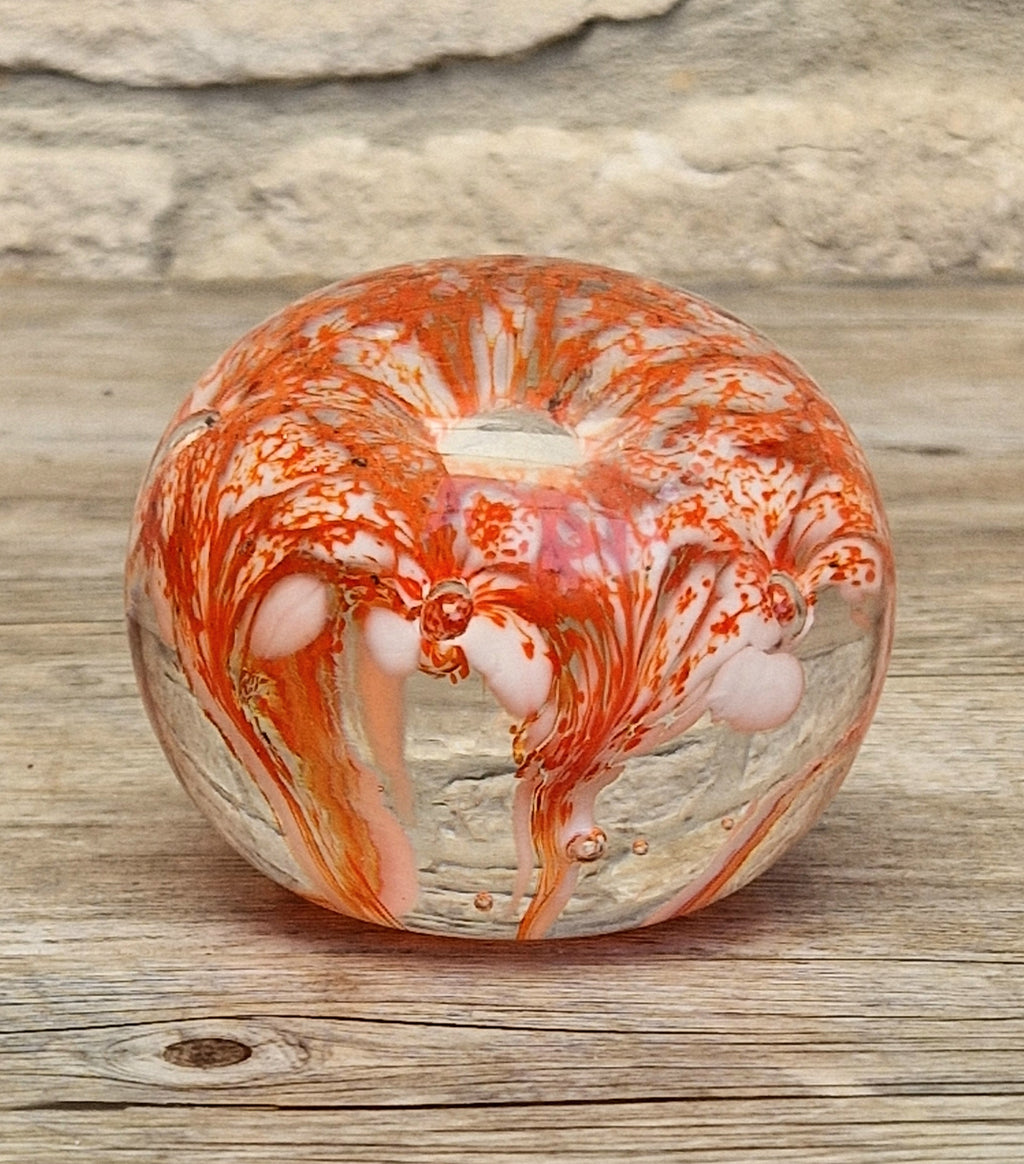 Vintage Rare Liskeard Glass Cornwall Orange & White Bubble Sphere Paperweight 1975