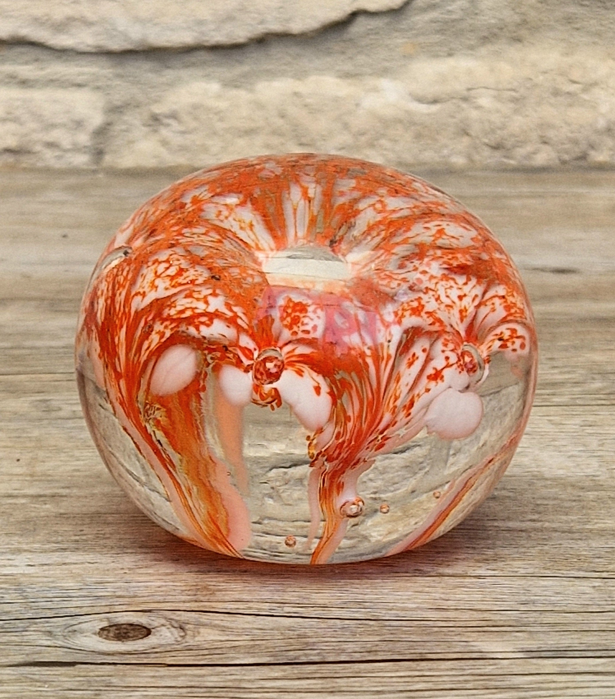 Vintage Rare Liskeard Glass Cornwall Orange & White Bubble Sphere Paperweight 1975