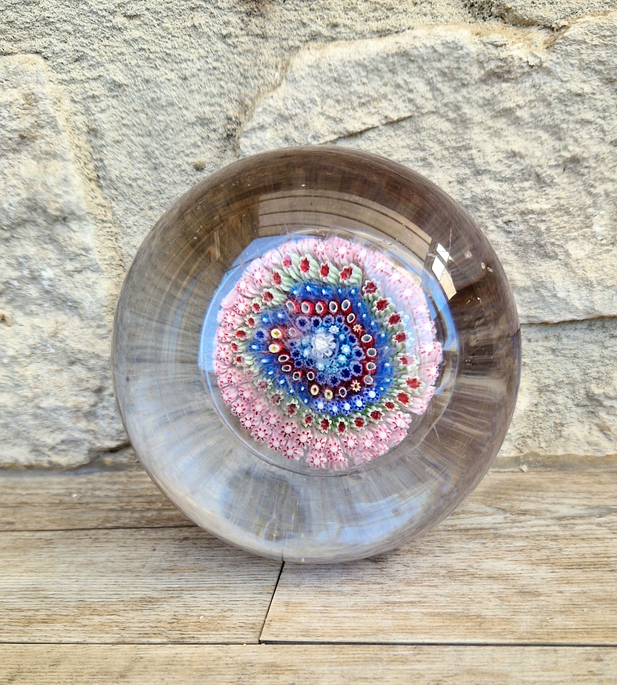Old English Richardsons Magnum Concentric Millifiore Canes Footed Glass Paperweight